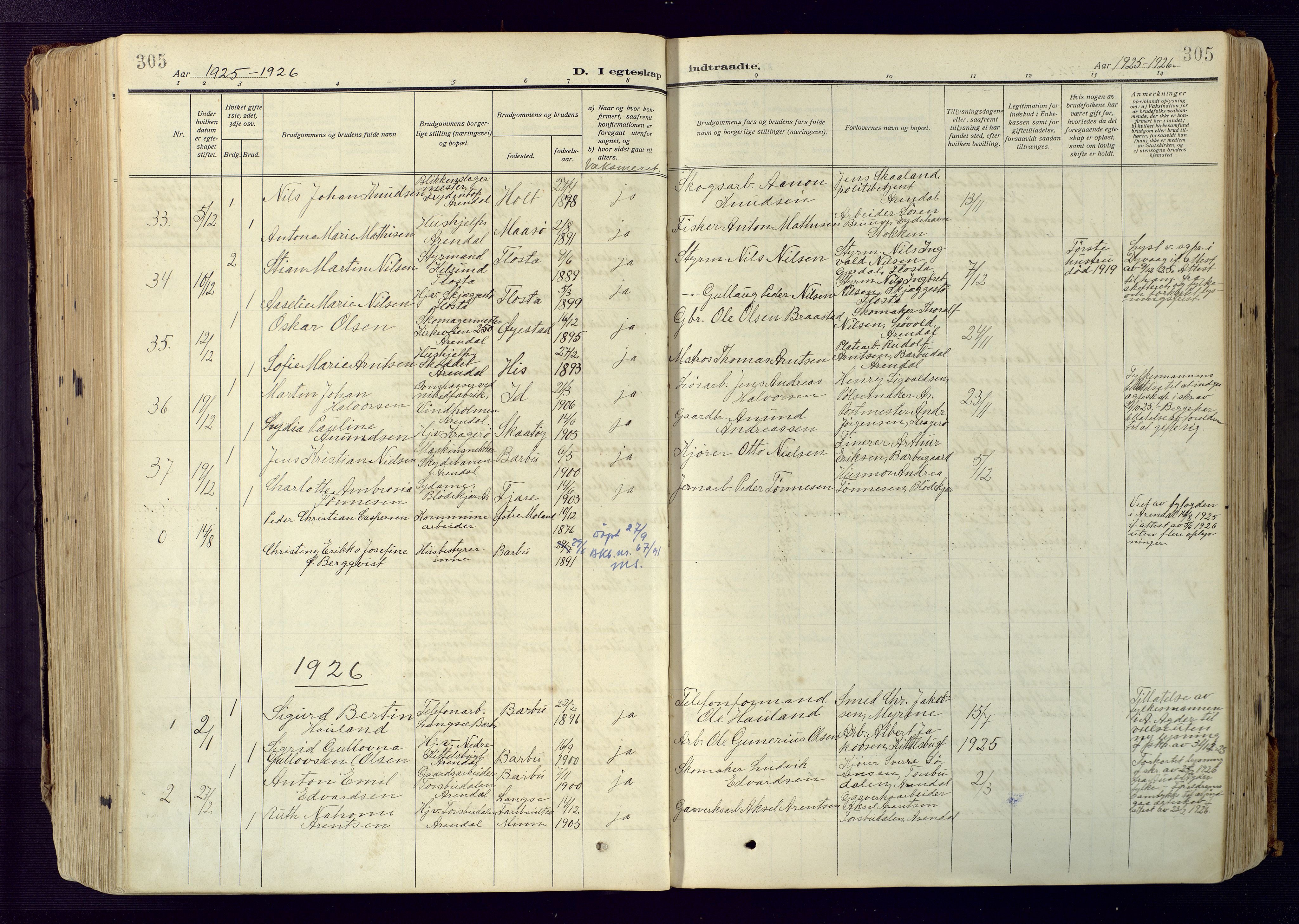 Barbu sokneprestkontor, AV/SAK-1111-0003/F/Fa/L0006: Parish register (official) no. A 6, 1910-1929, p. 305