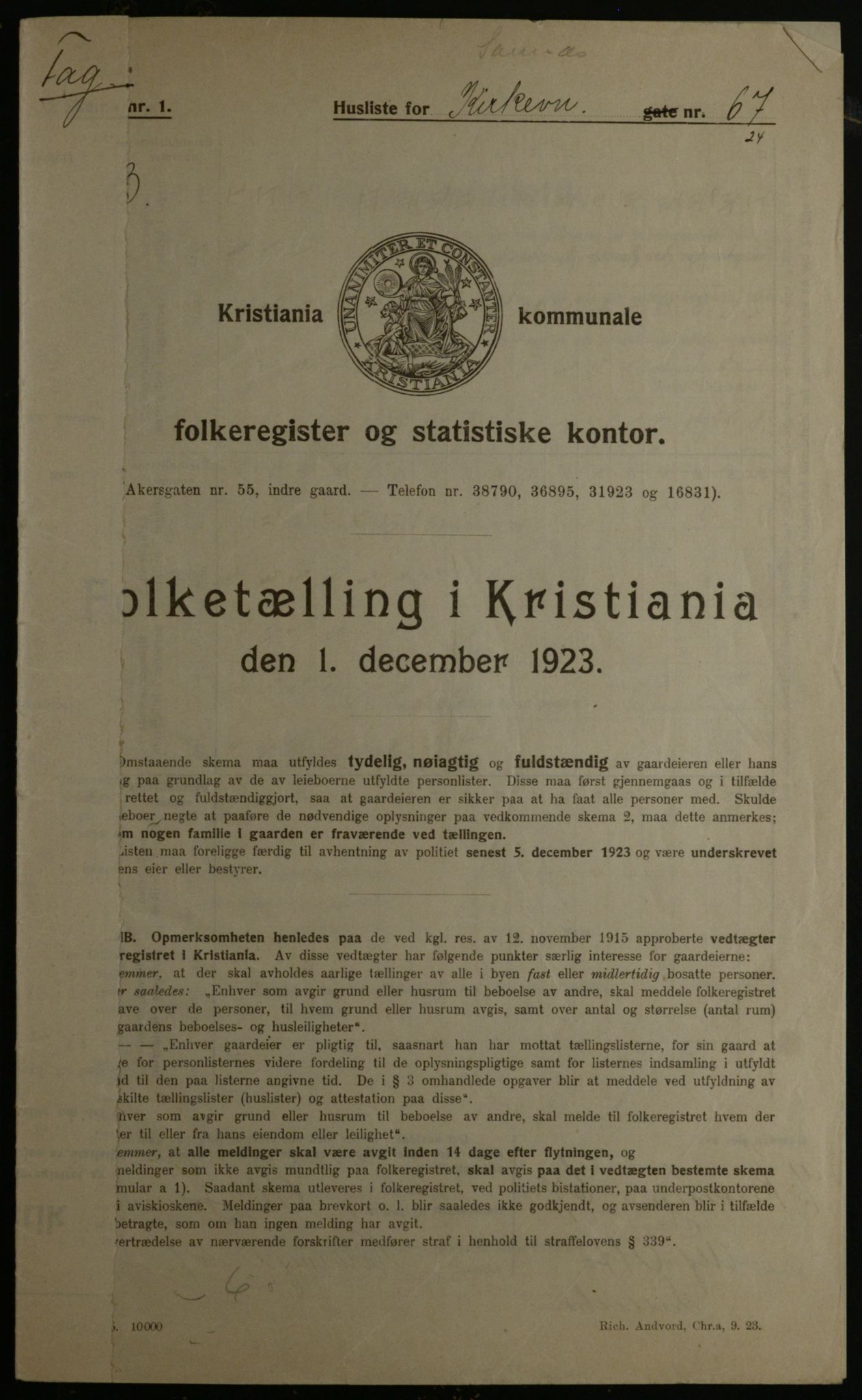 OBA, Municipal Census 1923 for Kristiania, 1923, p. 57045