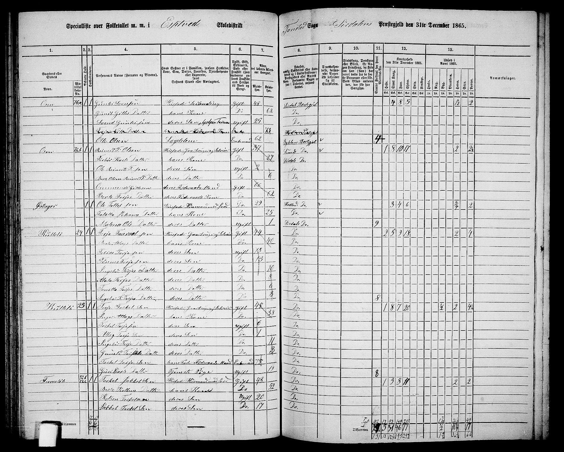 RA, 1865 census for Sirdal, 1865, p. 16