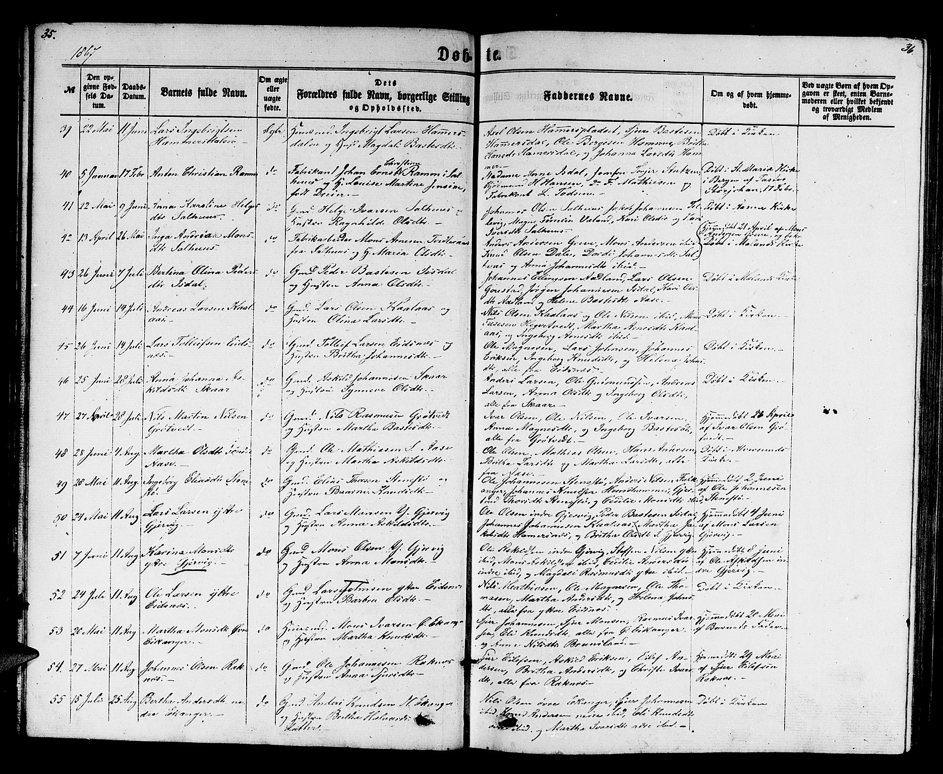 Hamre sokneprestembete, SAB/A-75501/H/Ha/Hab: Parish register (copy) no. B 2, 1863-1880, p. 35-36