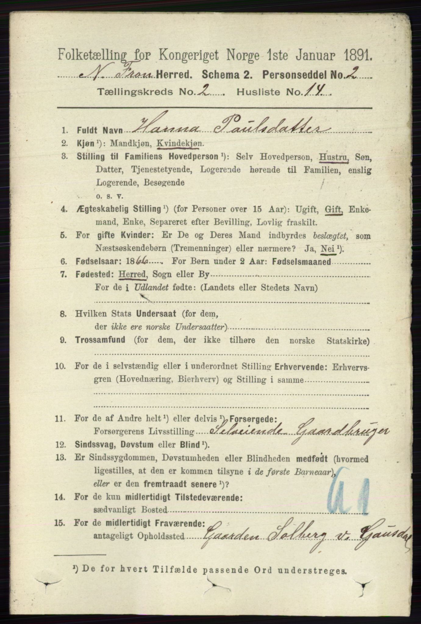 RA, 1891 census for 0518 Nord-Fron, 1891, p. 406