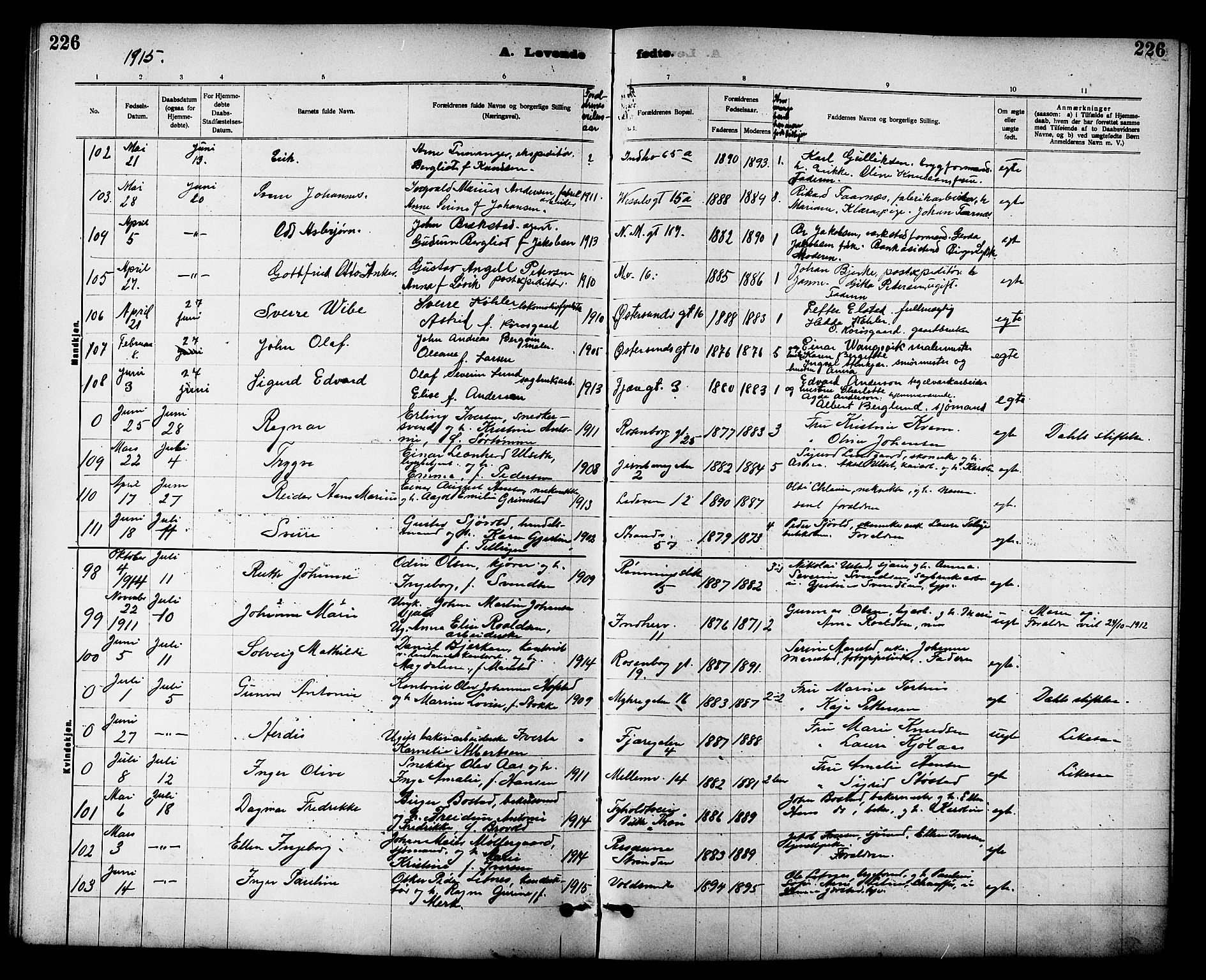 Ministerialprotokoller, klokkerbøker og fødselsregistre - Sør-Trøndelag, SAT/A-1456/605/L0254: Parish register (copy) no. 605C01, 1908-1916, p. 226