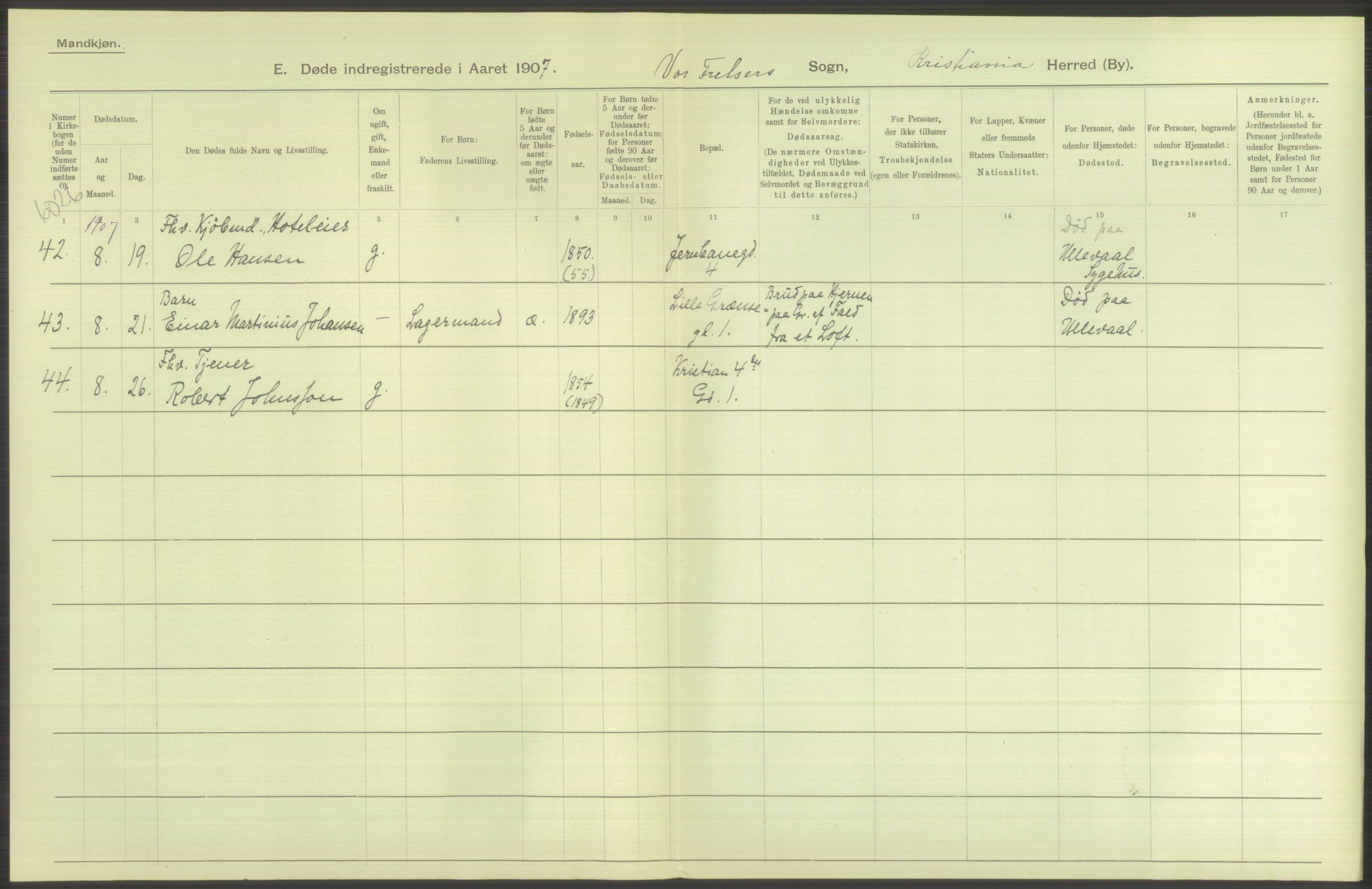 Statistisk sentralbyrå, Sosiodemografiske emner, Befolkning, AV/RA-S-2228/D/Df/Dfa/Dfae/L0010: Kristiania: Døde, dødfødte, 1907, p. 416