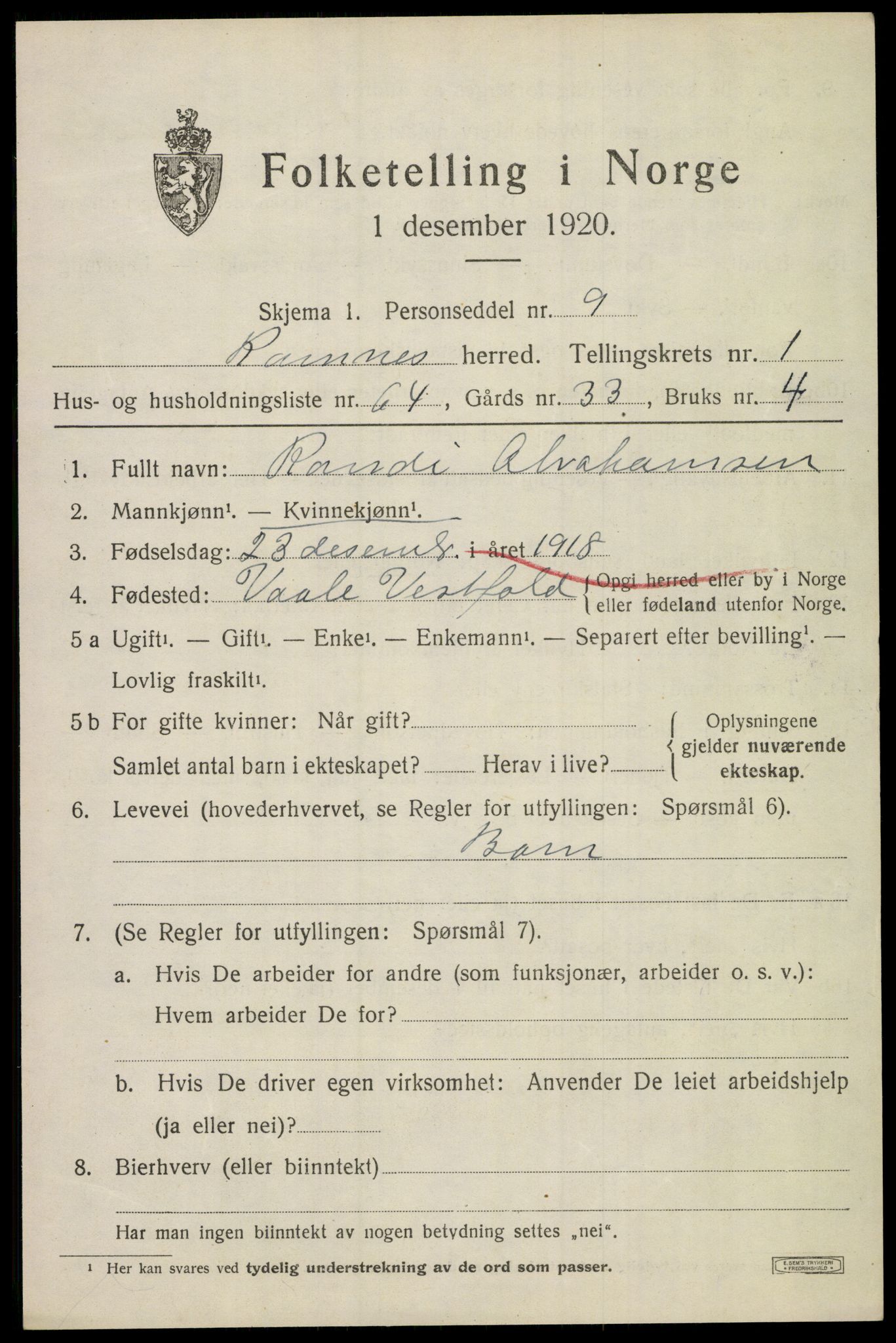 SAKO, 1920 census for Ramnes, 1920, p. 1936