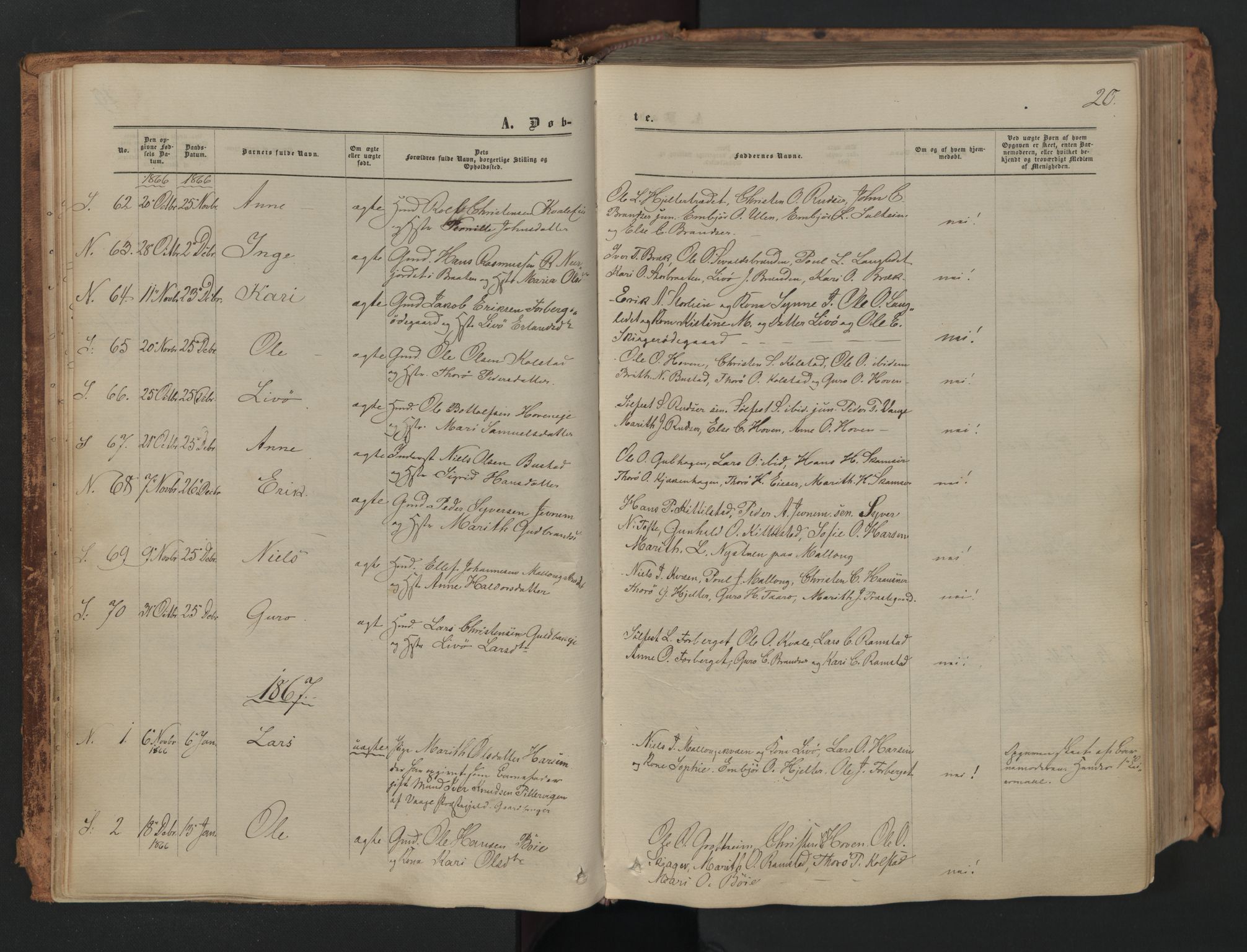 Skjåk prestekontor, SAH/PREST-072/H/Ha/Haa/L0001: Parish register (official) no. 1, 1863-1879, p. 20