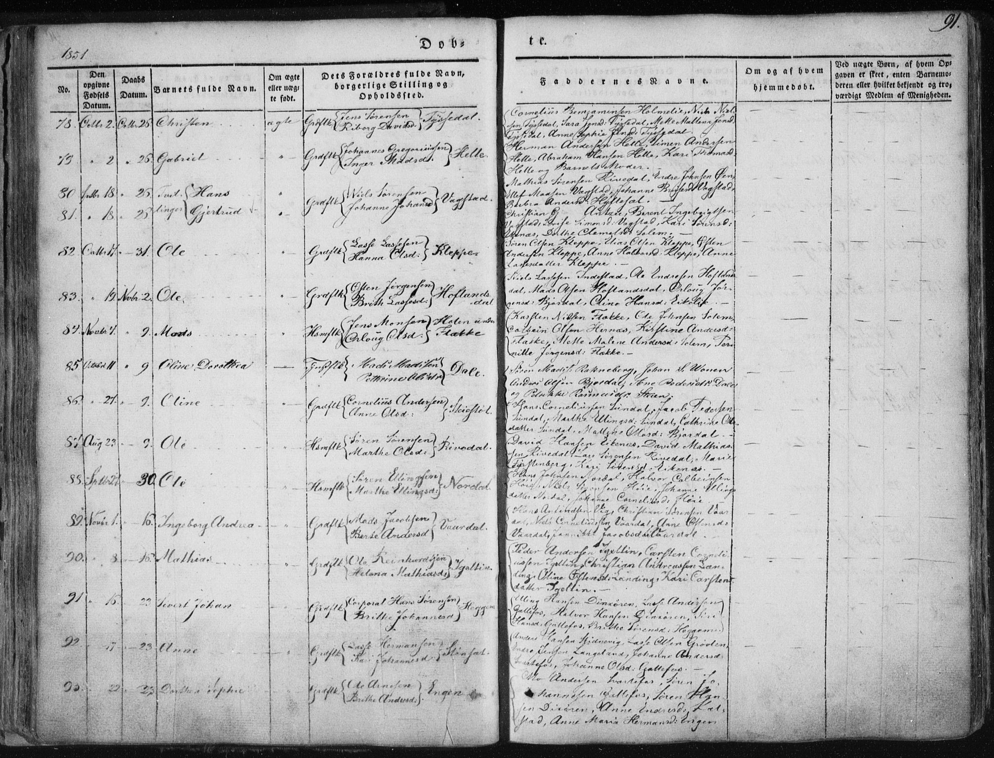 Fjaler sokneprestembete, AV/SAB-A-79801/H/Haa/Haaa/L0006: Parish register (official) no. A 6, 1835-1884, p. 91