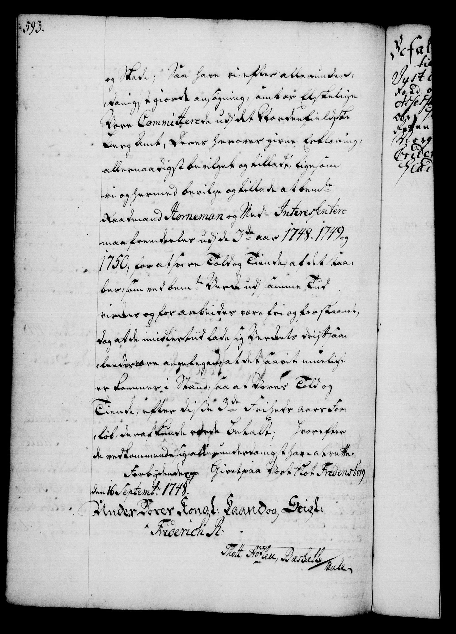 Rentekammeret, Kammerkanselliet, RA/EA-3111/G/Gg/Gga/L0005: Norsk ekspedisjonsprotokoll med register (merket RK 53.5), 1741-1749, p. 593