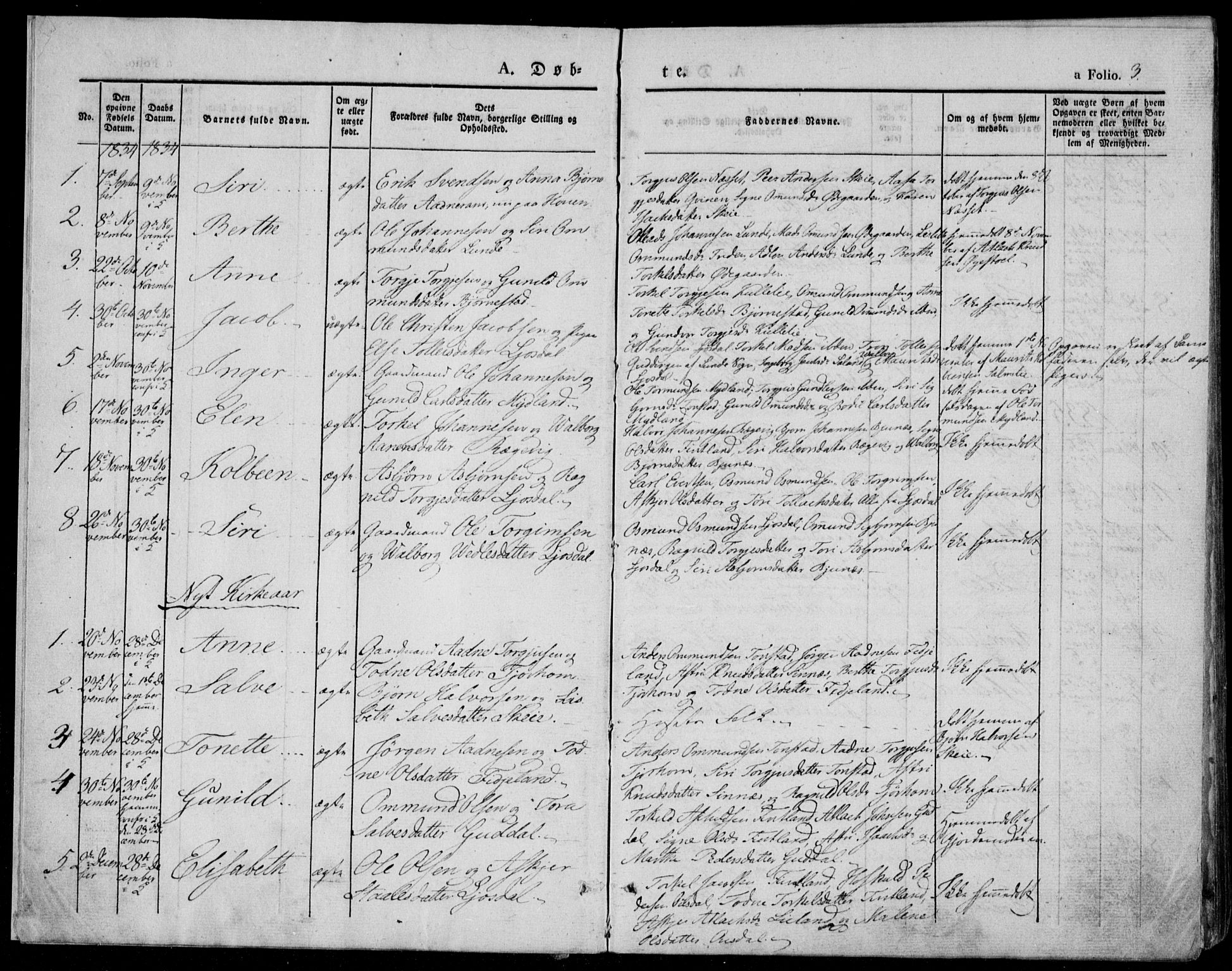 Bakke sokneprestkontor, SAK/1111-0002/F/Fa/Faa/L0004: Parish register (official) no. A 4, 1834-1846, p. 3