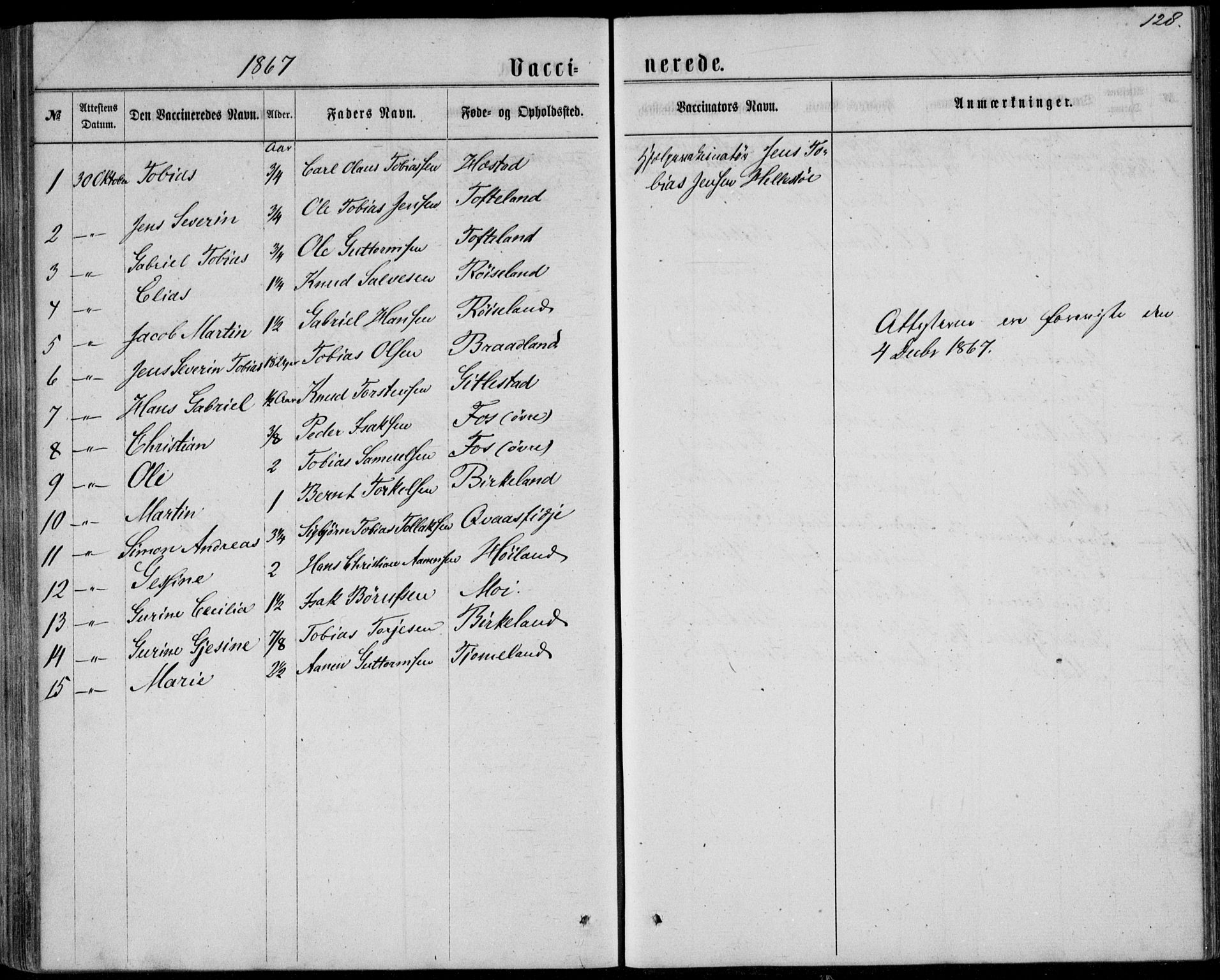 Lyngdal sokneprestkontor, SAK/1111-0029/F/Fa/Fab/L0002: Parish register (official) no. A 2, 1861-1878, p. 128
