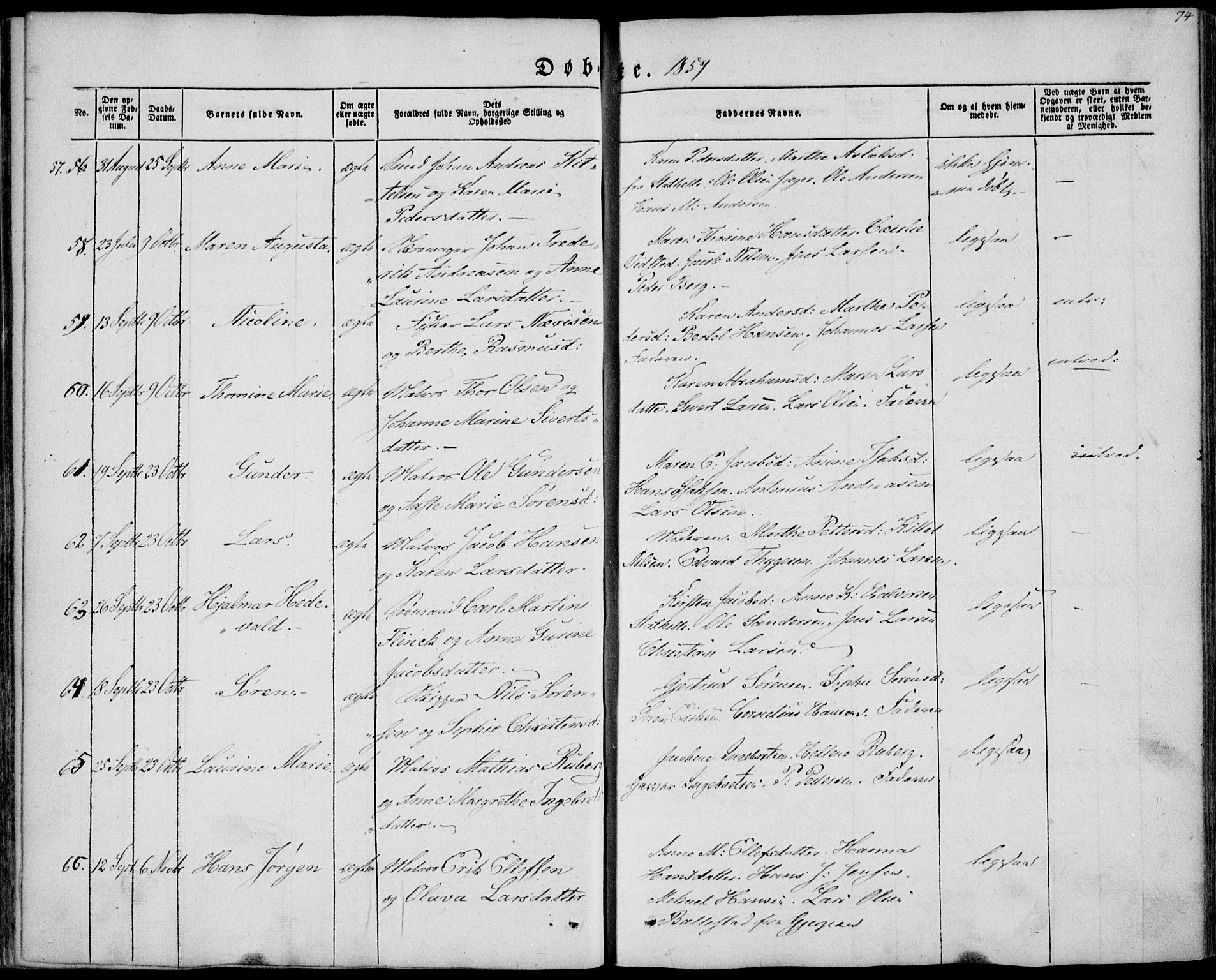 Brevik kirkebøker, SAKO/A-255/F/Fa/L0005: Parish register (official) no. 5, 1847-1865, p. 74