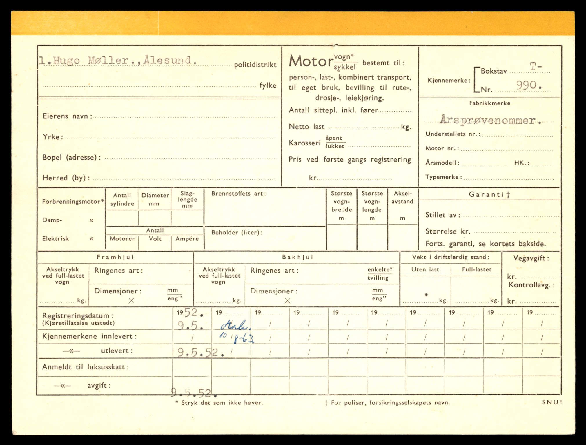 Møre og Romsdal vegkontor - Ålesund trafikkstasjon, SAT/A-4099/F/Fe/L0009: Registreringskort for kjøretøy T 896 - T 1049, 1927-1998, p. 1299