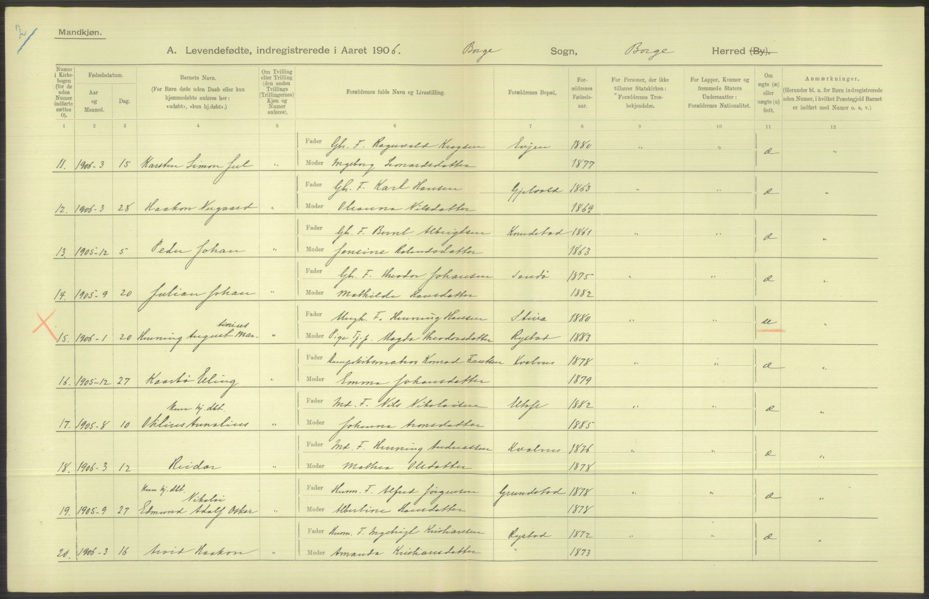 Statistisk sentralbyrå, Sosiodemografiske emner, Befolkning, AV/RA-S-2228/D/Df/Dfa/Dfad/L0044: Nordlands amt: Levendefødte menn og kvinner. Bygder., 1906, p. 152