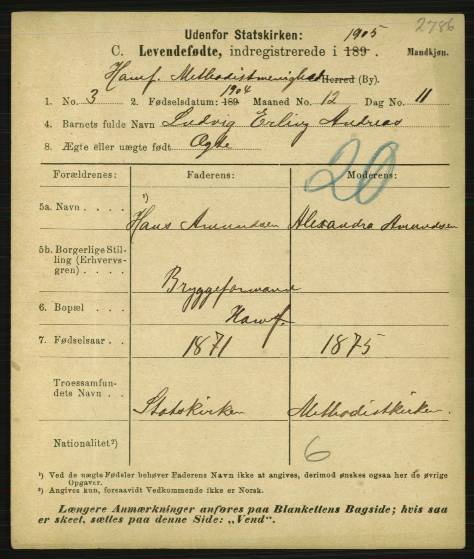 Statistisk sentralbyrå, Sosiodemografiske emner, Befolkning, AV/RA-S-2228/E/L0003: Fødte, gifte, døde dissentere., 1905, p. 1671