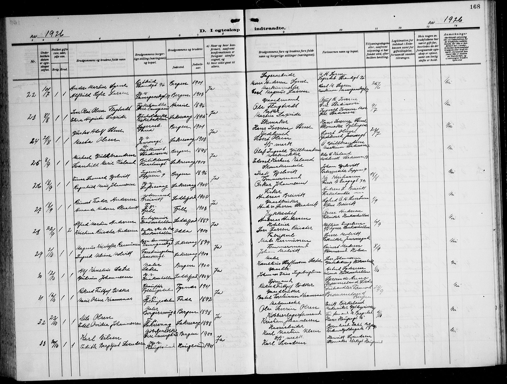 Laksevåg Sokneprestembete, SAB/A-76501/H/Ha/Hab/Haba: Parish register (copy) no. A 10, 1925-1942, p. 168