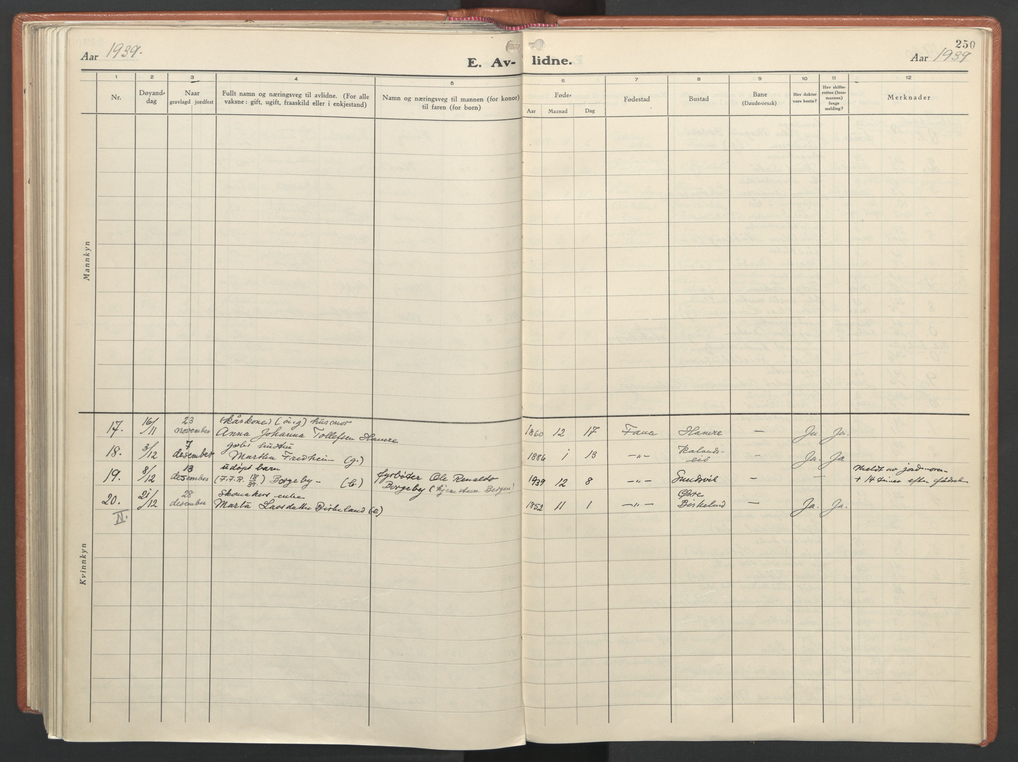 Fana Sokneprestembete, AV/SAB-A-75101/H/Haa/Haab/L0007: Parish register (official) no. B 7, 1934-1947, p. 250