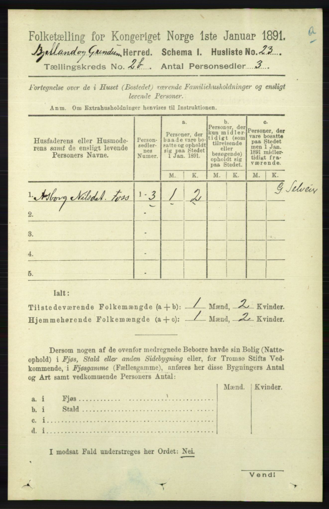 RA, 1891 census for 1024 Bjelland og Grindheim, 1891, p. 1099