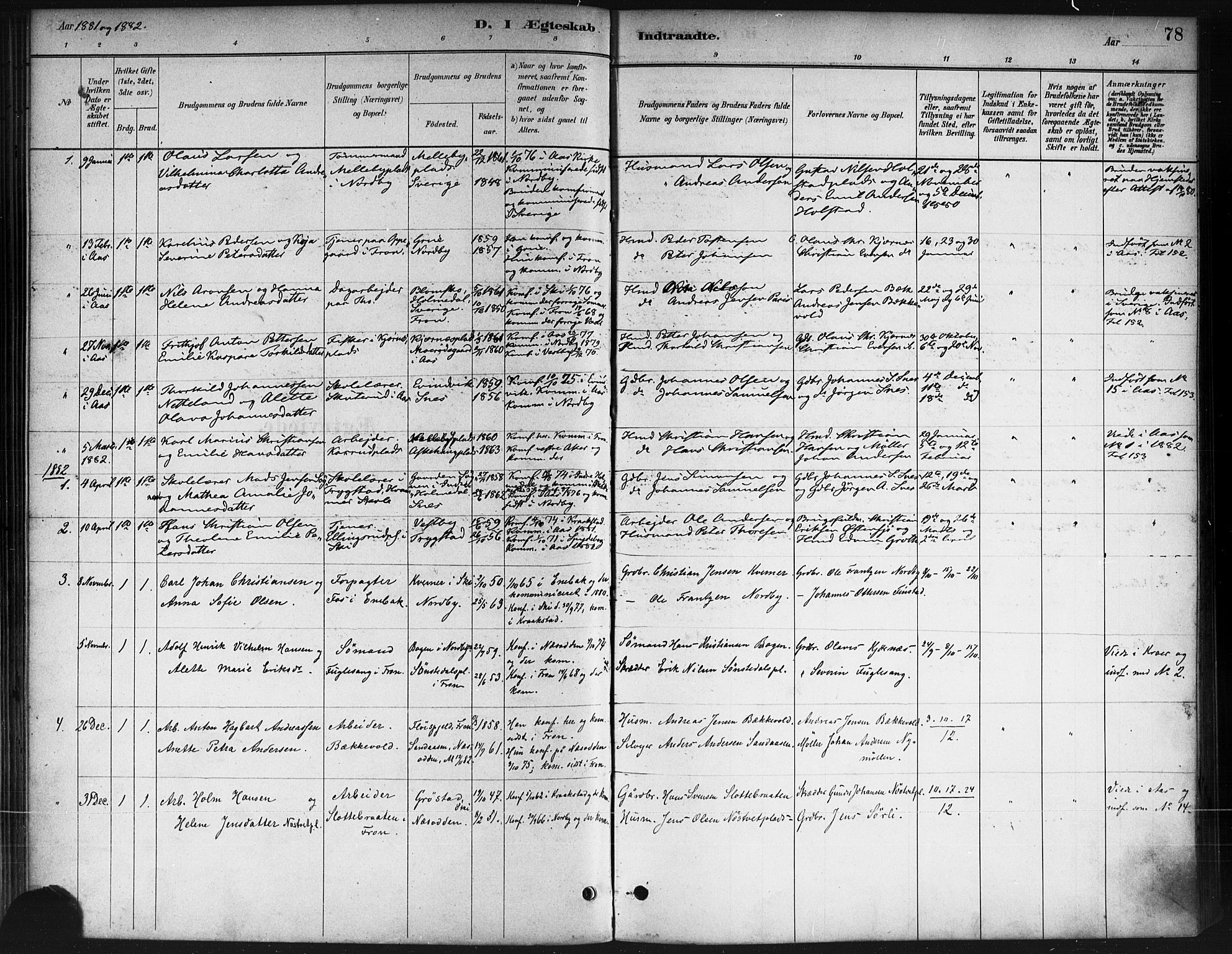 Ås prestekontor Kirkebøker, AV/SAO-A-10894/F/Fb/L0001: Parish register (official) no. II 1, 1881-1895, p. 78