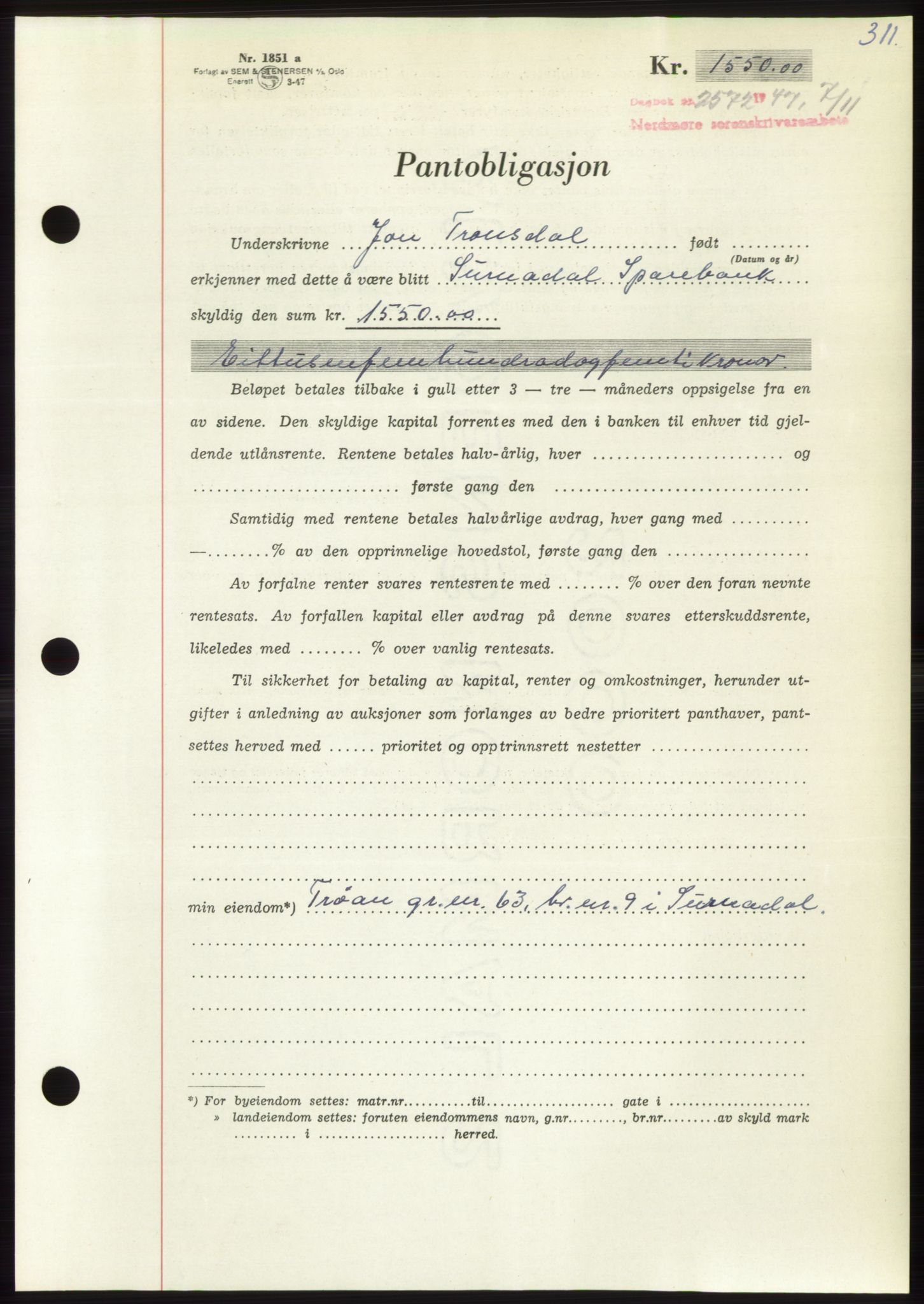 Nordmøre sorenskriveri, AV/SAT-A-4132/1/2/2Ca: Mortgage book no. B97, 1947-1948, Diary no: : 2572/1947