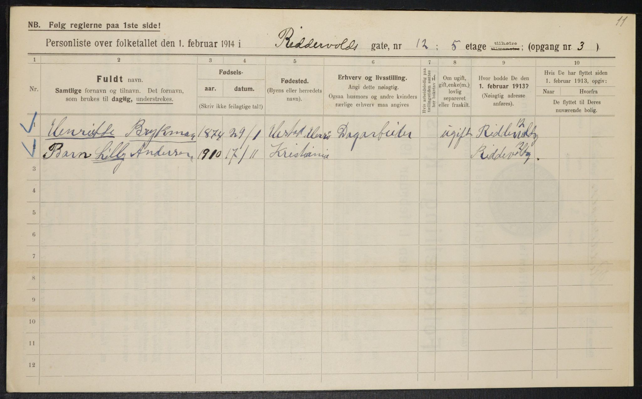 OBA, Municipal Census 1914 for Kristiania, 1914, p. 83078