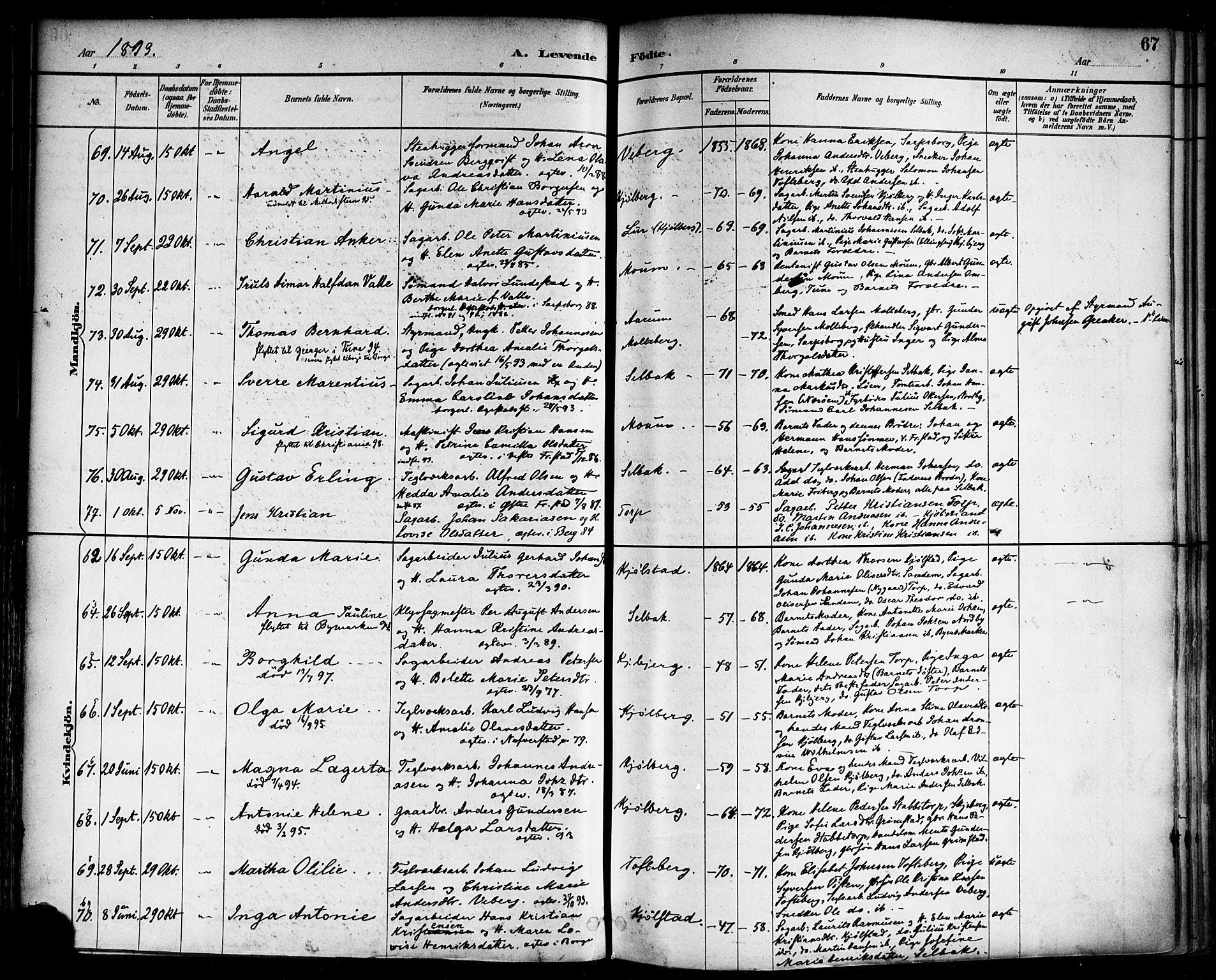 Borge prestekontor Kirkebøker, SAO/A-10903/F/Fa/L0008: Parish register (official) no. I 8A, 1887-1902, p. 67