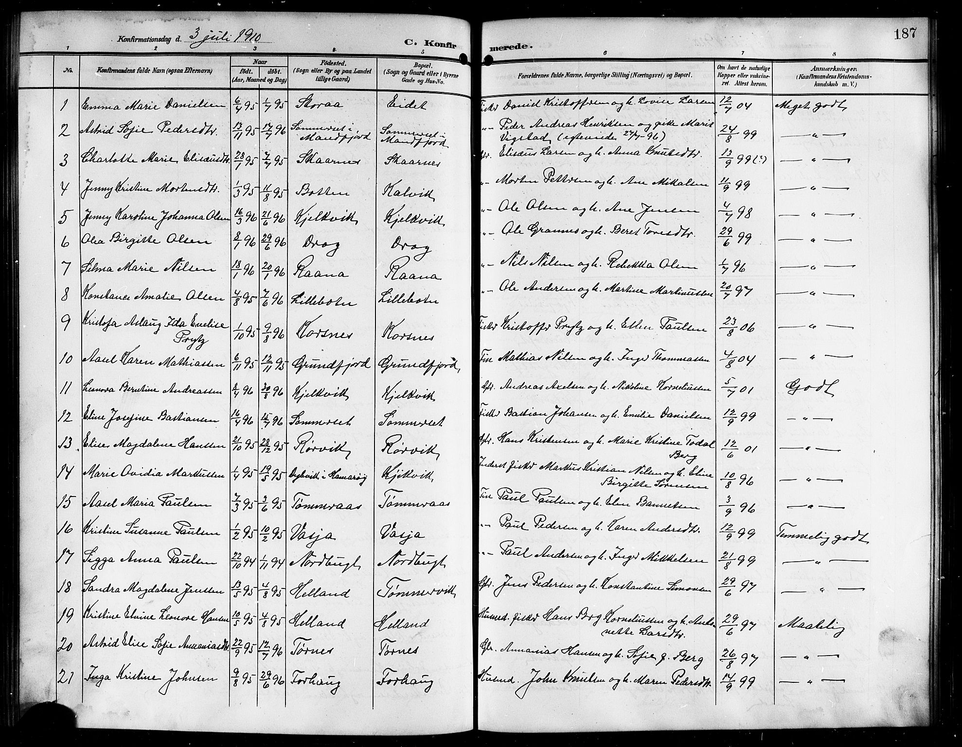 Ministerialprotokoller, klokkerbøker og fødselsregistre - Nordland, SAT/A-1459/861/L0877: Parish register (copy) no. 861C03, 1903-1919, p. 187