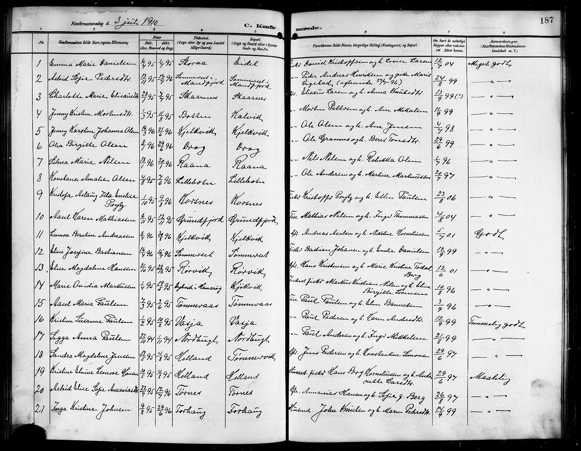 Ministerialprotokoller, klokkerbøker og fødselsregistre - Nordland, AV/SAT-A-1459/861/L0877: Parish register (copy) no. 861C03, 1903-1919, p. 187