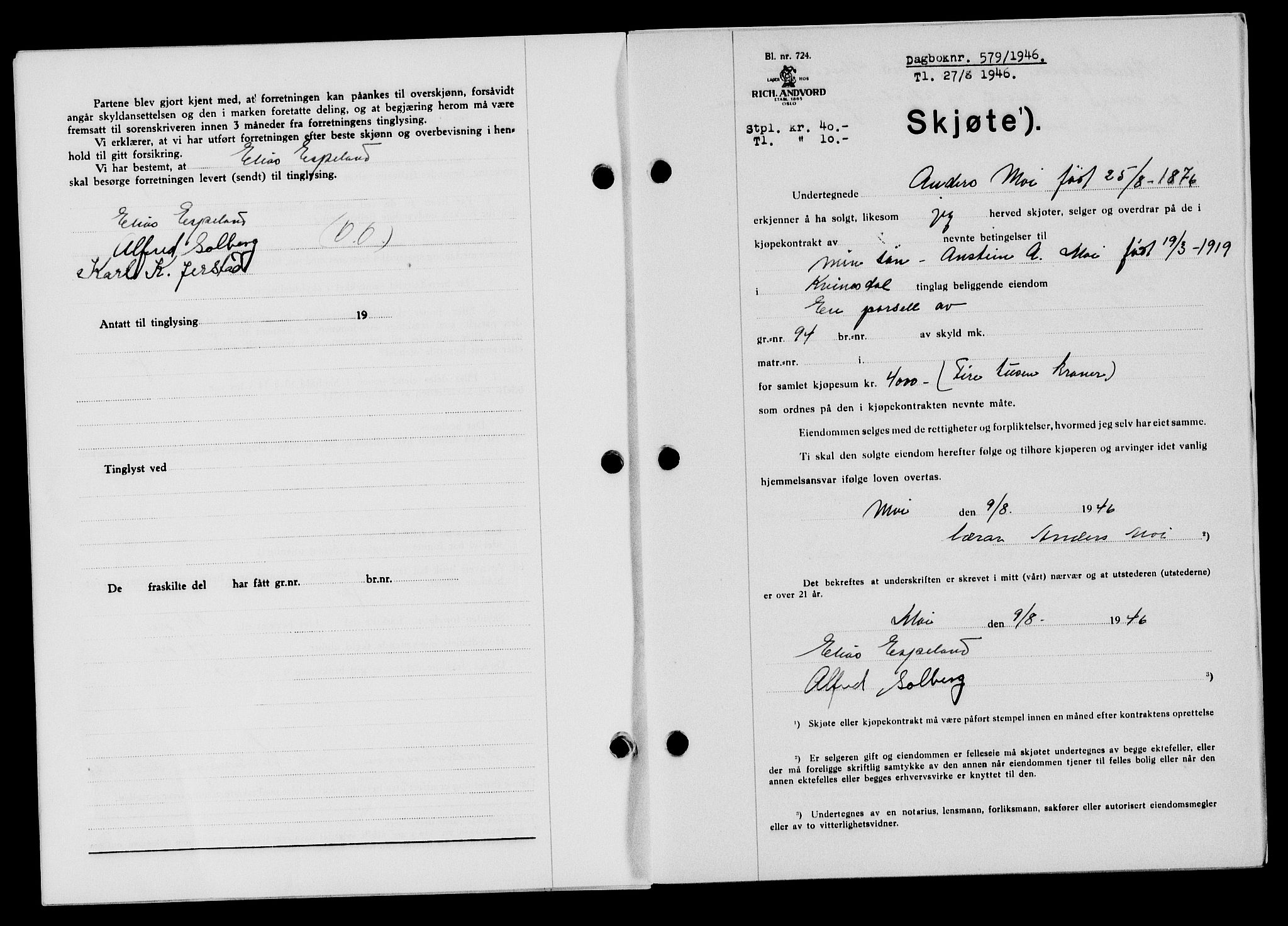 Flekkefjord sorenskriveri, SAK/1221-0001/G/Gb/Gba/L0060: Mortgage book no. A-8, 1945-1946, Diary no: : 579/1946