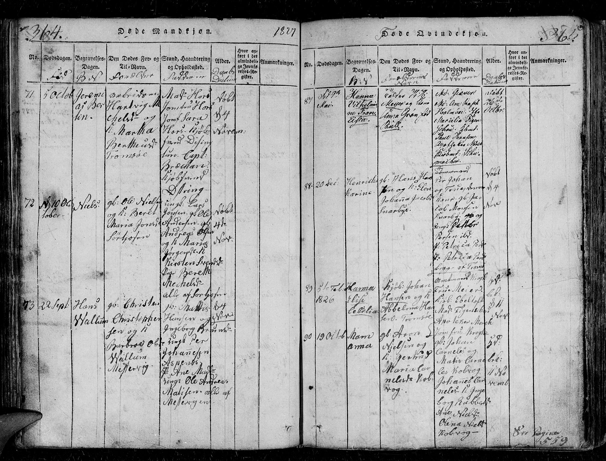 Tromsø sokneprestkontor/stiftsprosti/domprosti, AV/SATØ-S-1343/G/Gb/L0001klokker: Parish register (copy) no. 1, 1821-1833, p. 364-365