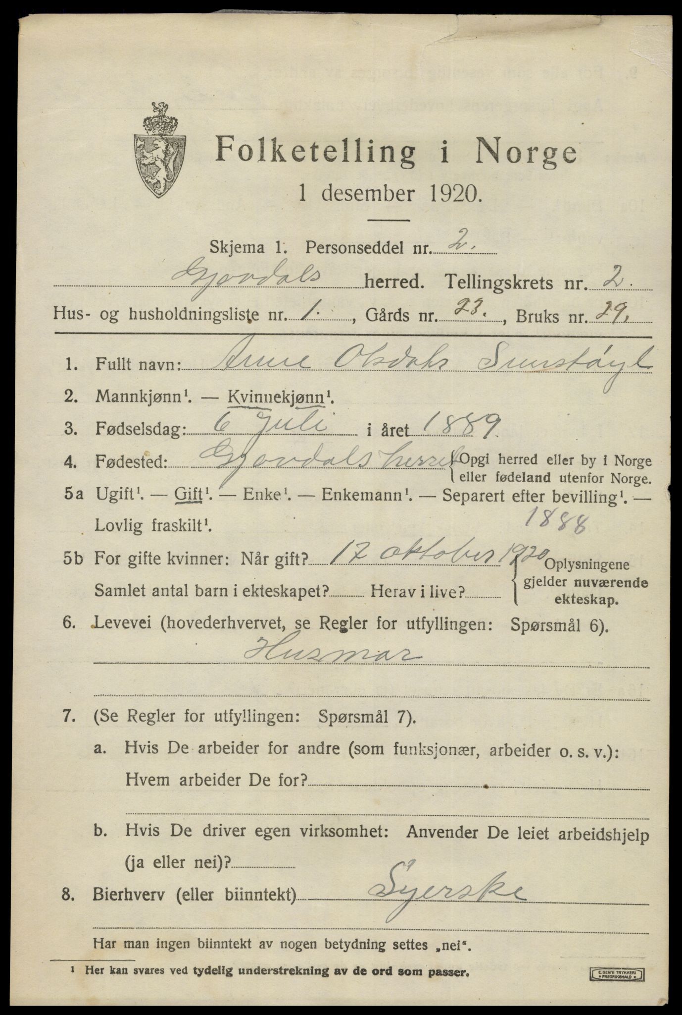 SAK, 1920 census for Gjøvdal, 1920, p. 832