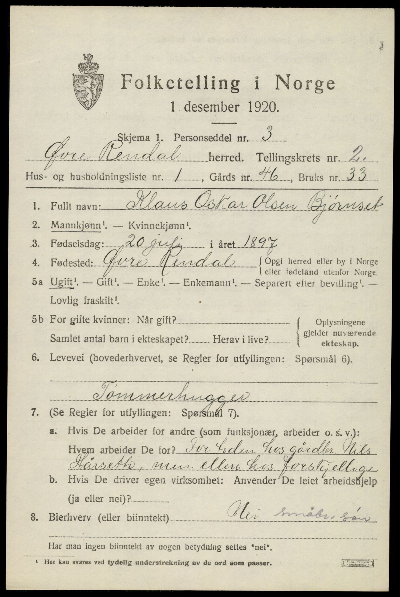 SAH, 1920 census for Øvre Rendal, 1920, p. 935