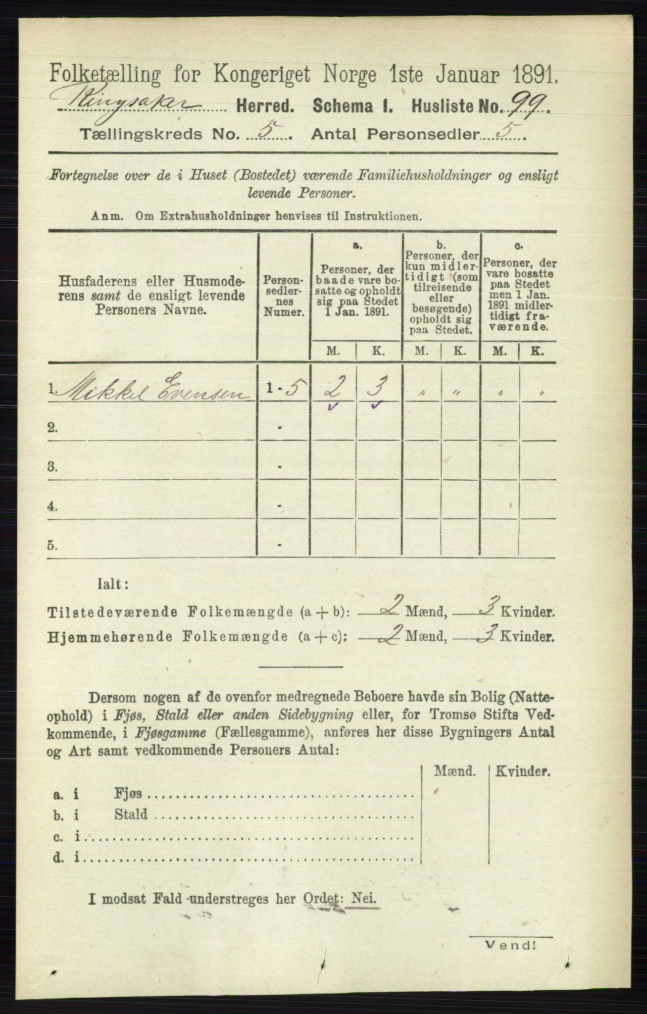 RA, 1891 census for 0412 Ringsaker, 1891, p. 2394