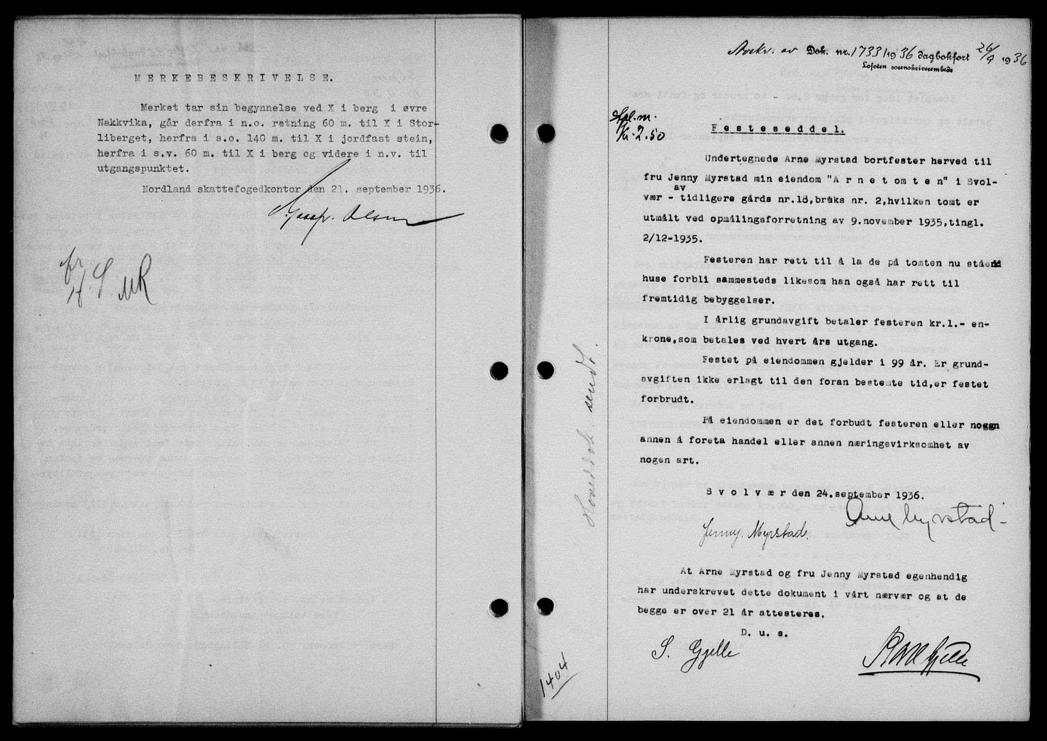 Lofoten sorenskriveri, SAT/A-0017/1/2/2C/L0001a: Mortgage book no. 1a, 1936-1937, Diary no: : 1733/1936