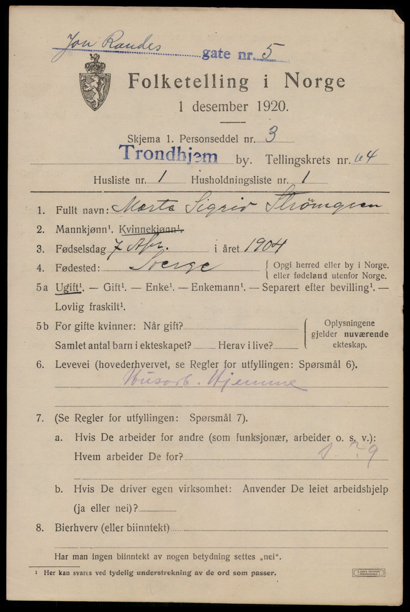 SAT, 1920 census for Trondheim, 1920, p. 127140