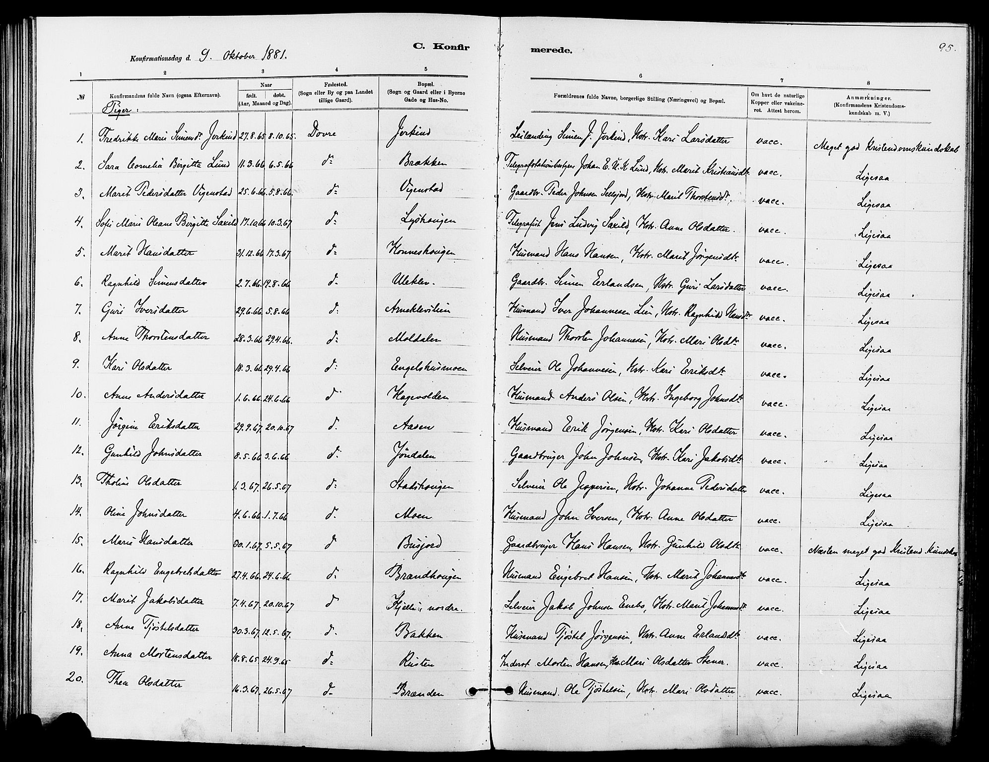 Dovre prestekontor, SAH/PREST-066/H/Ha/Haa/L0002: Parish register (official) no. 2, 1879-1890, p. 95