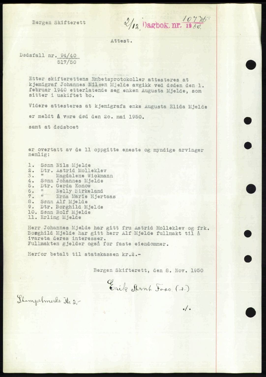 Byfogd og Byskriver i Bergen, SAB/A-3401/03/03Bc/L0034: Mortgage book no. A27-28, 1950-1950, Diary no: : 10775/1950