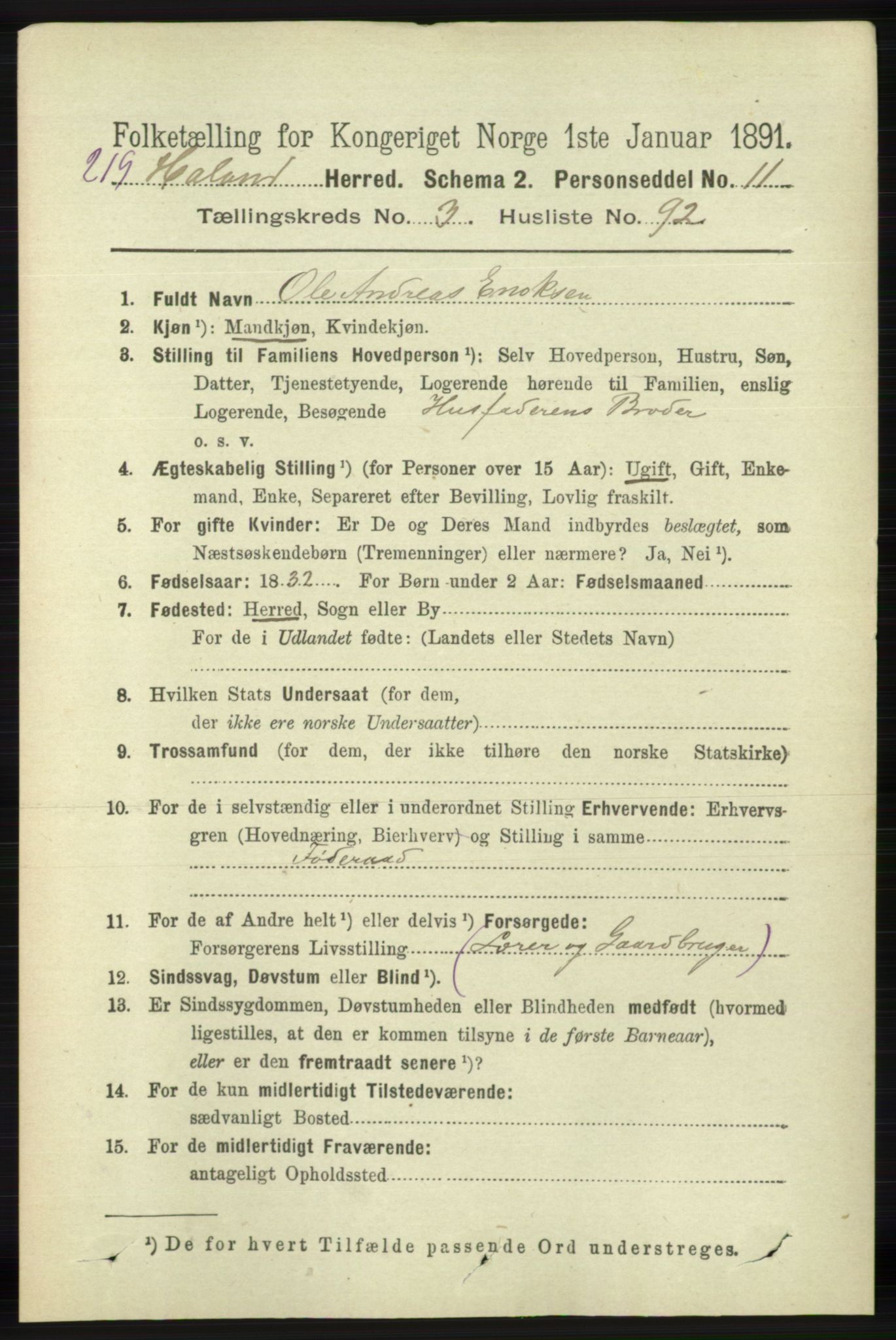 RA, 1891 census for 1124 Haaland, 1891, p. 2256