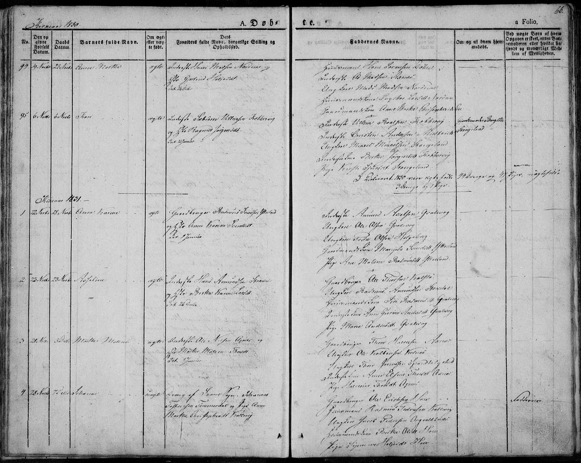 Avaldsnes sokneprestkontor, SAST/A -101851/H/Ha/Haa/L0005: Parish register (official) no. A 5.1, 1825-1841, p. 66