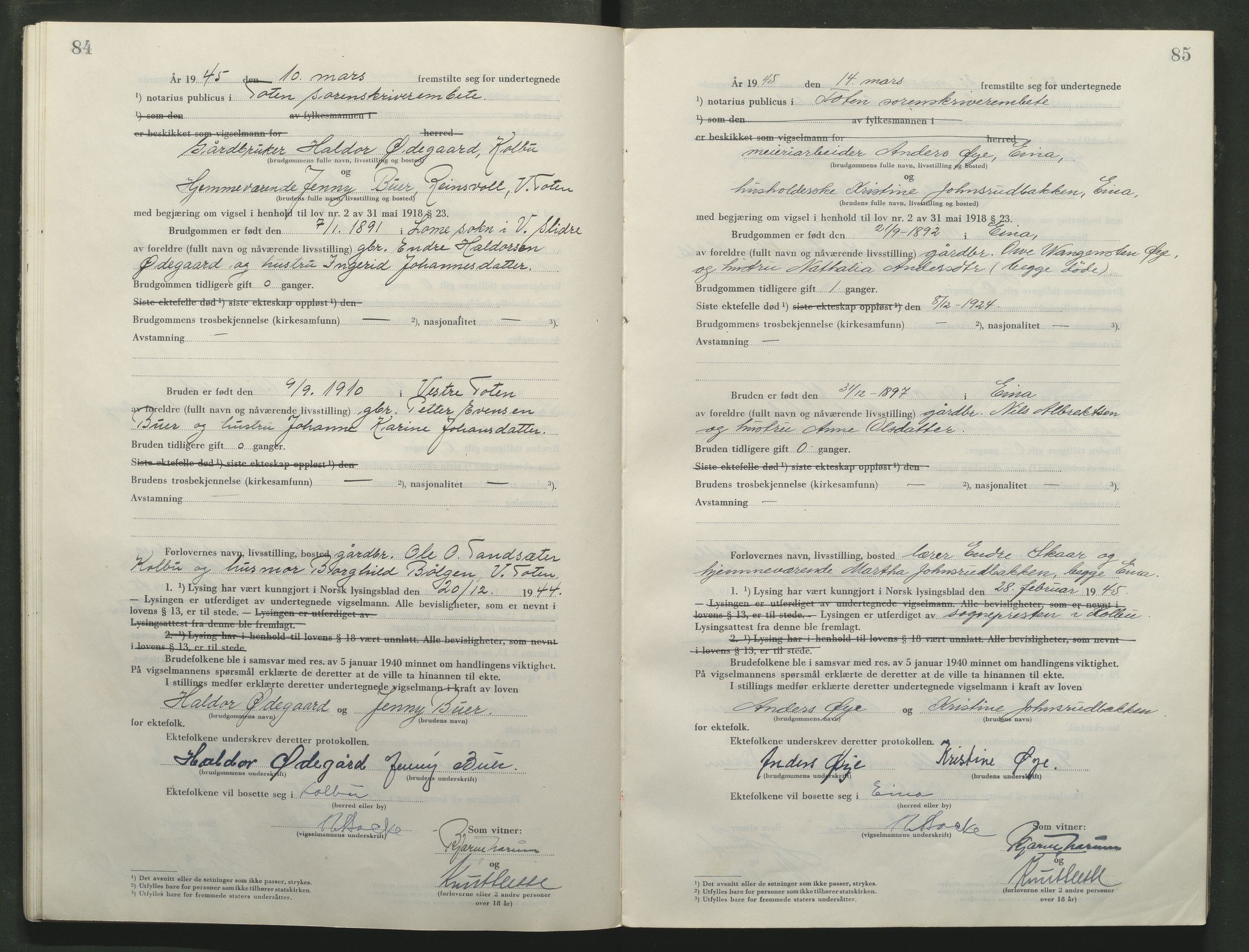 Toten tingrett, AV/SAH-TING-006/L/Lc/L0005: Vigselbok, 1944-1948, p. 84-85