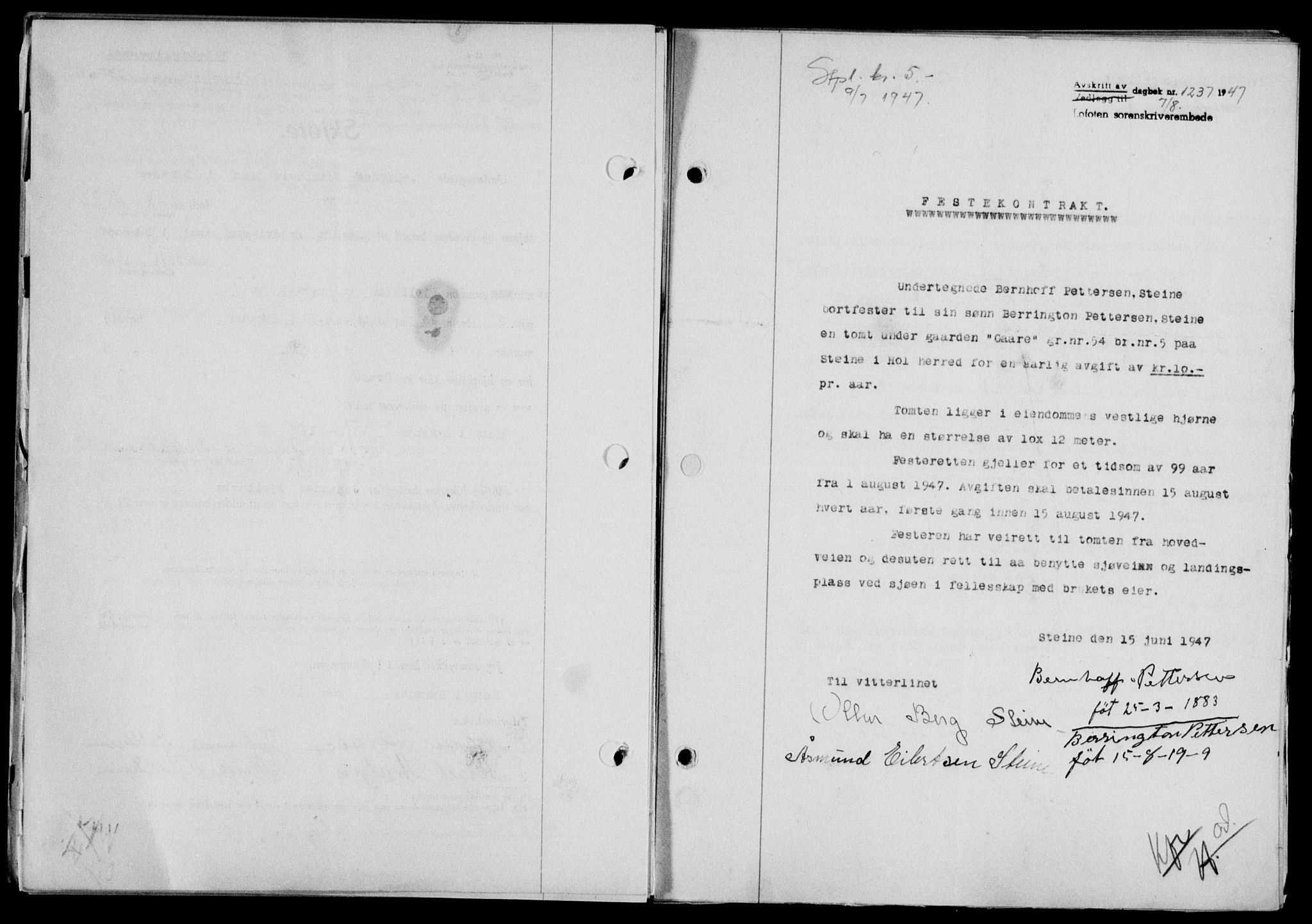 Lofoten sorenskriveri, SAT/A-0017/1/2/2C/L0016a: Mortgage book no. 16a, 1947-1947, Diary no: : 1237/1947