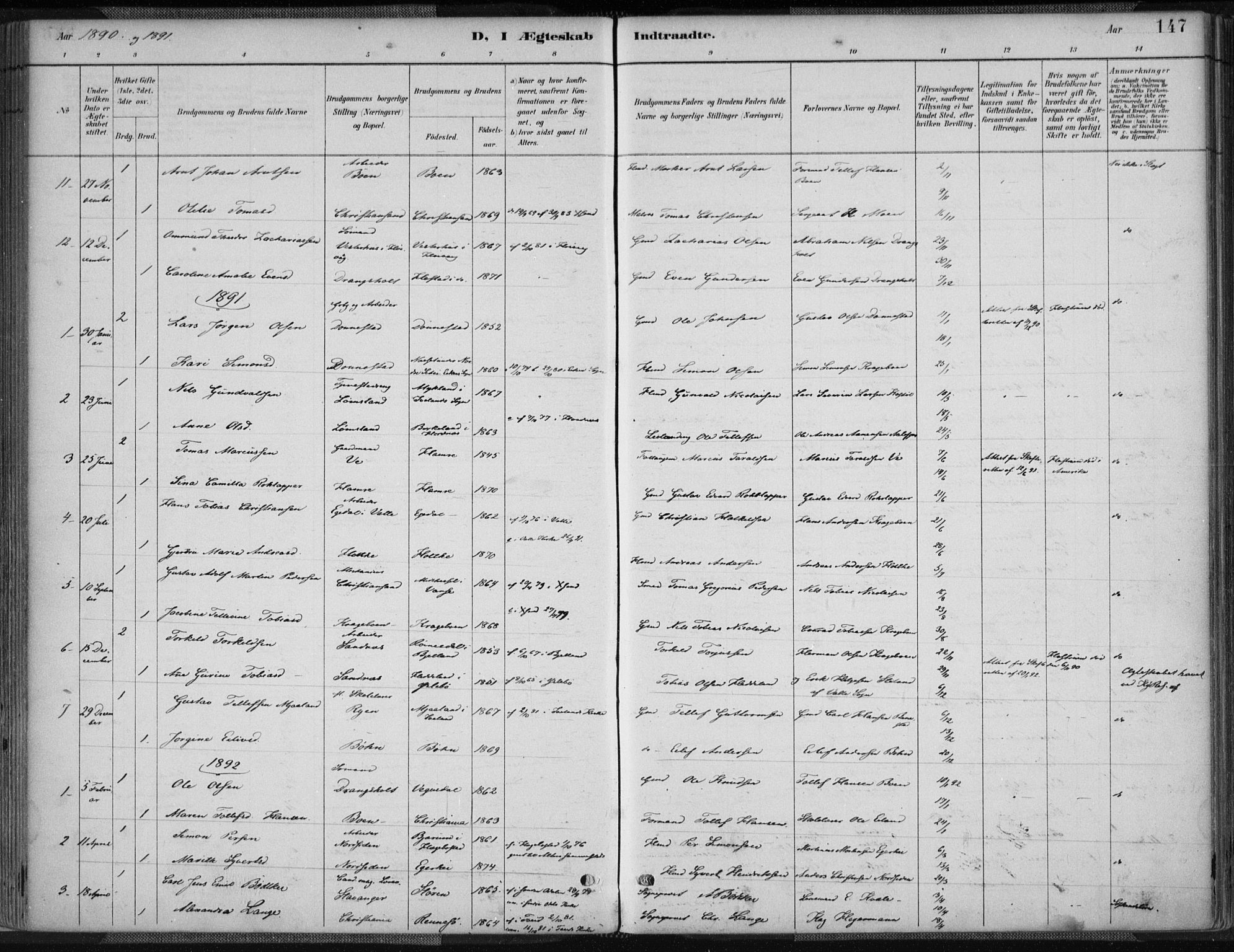 Tveit sokneprestkontor, AV/SAK-1111-0043/F/Fa/L0007: Parish register (official) no. A 7, 1887-1908, p. 147