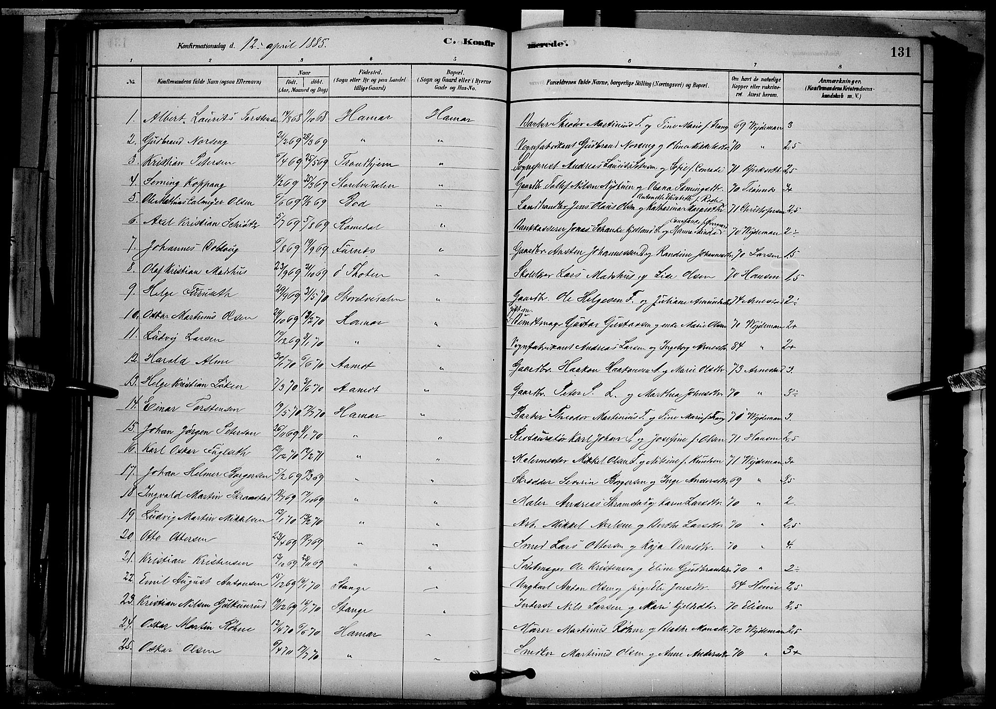 Vang prestekontor, Hedmark, SAH/PREST-008/H/Ha/Hab/L0012: Parish register (copy) no. 12, 1878-1889, p. 131