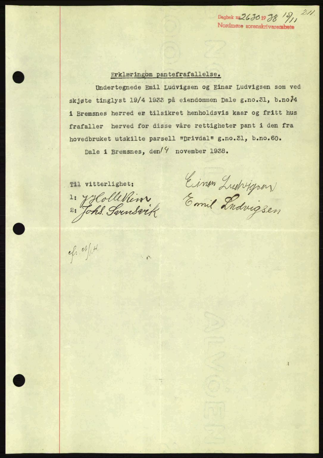 Nordmøre sorenskriveri, AV/SAT-A-4132/1/2/2Ca: Mortgage book no. B84, 1938-1939, Diary no: : 2630/1938