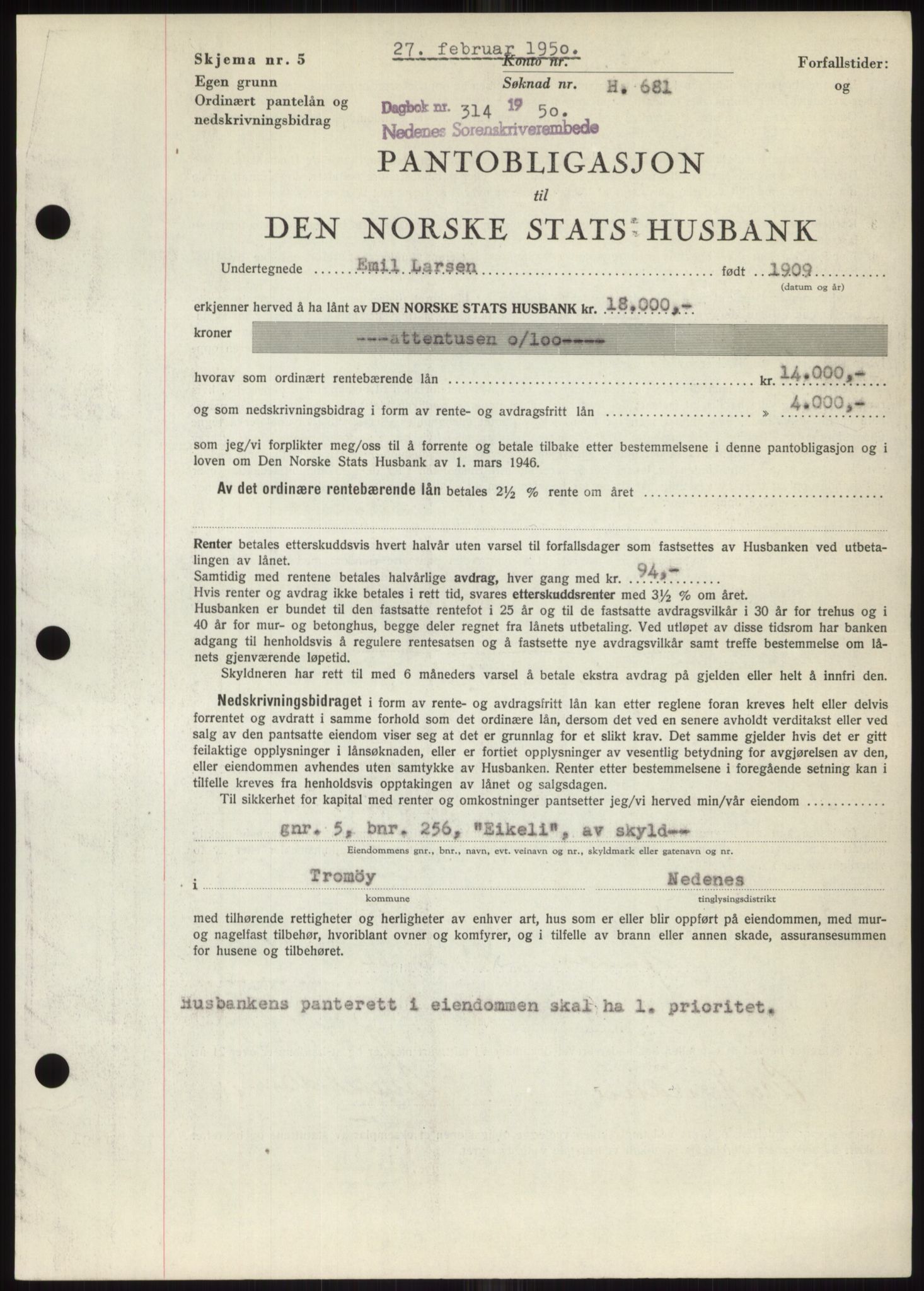 Nedenes sorenskriveri, AV/SAK-1221-0006/G/Gb/Gbb/L0007: Mortgage book no. B7, 1949-1950, Diary no: : 314/1950