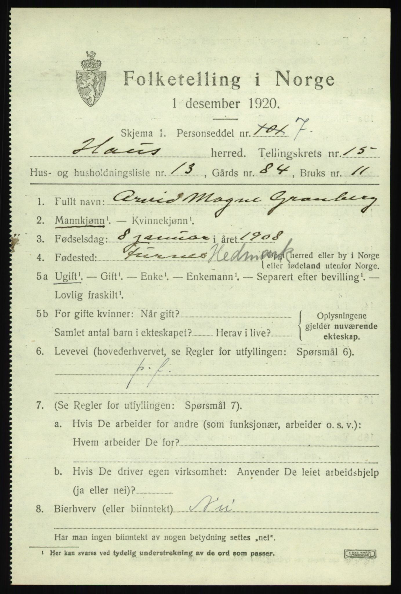 SAB, 1920 census for Haus, 1920, p. 9390