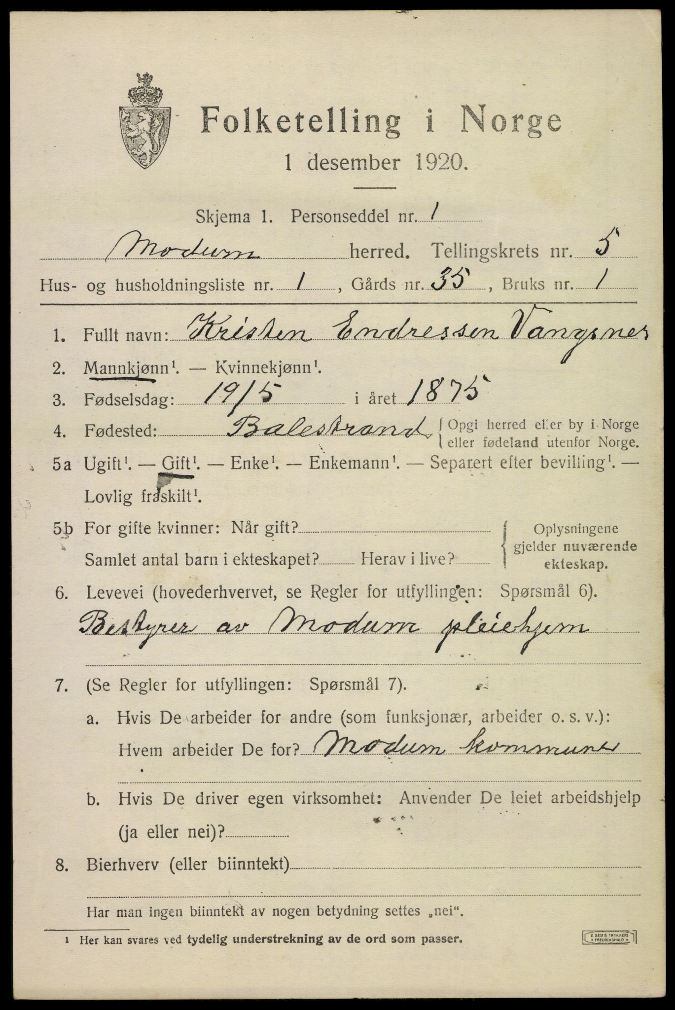 SAKO, 1920 census for Modum, 1920, p. 6461