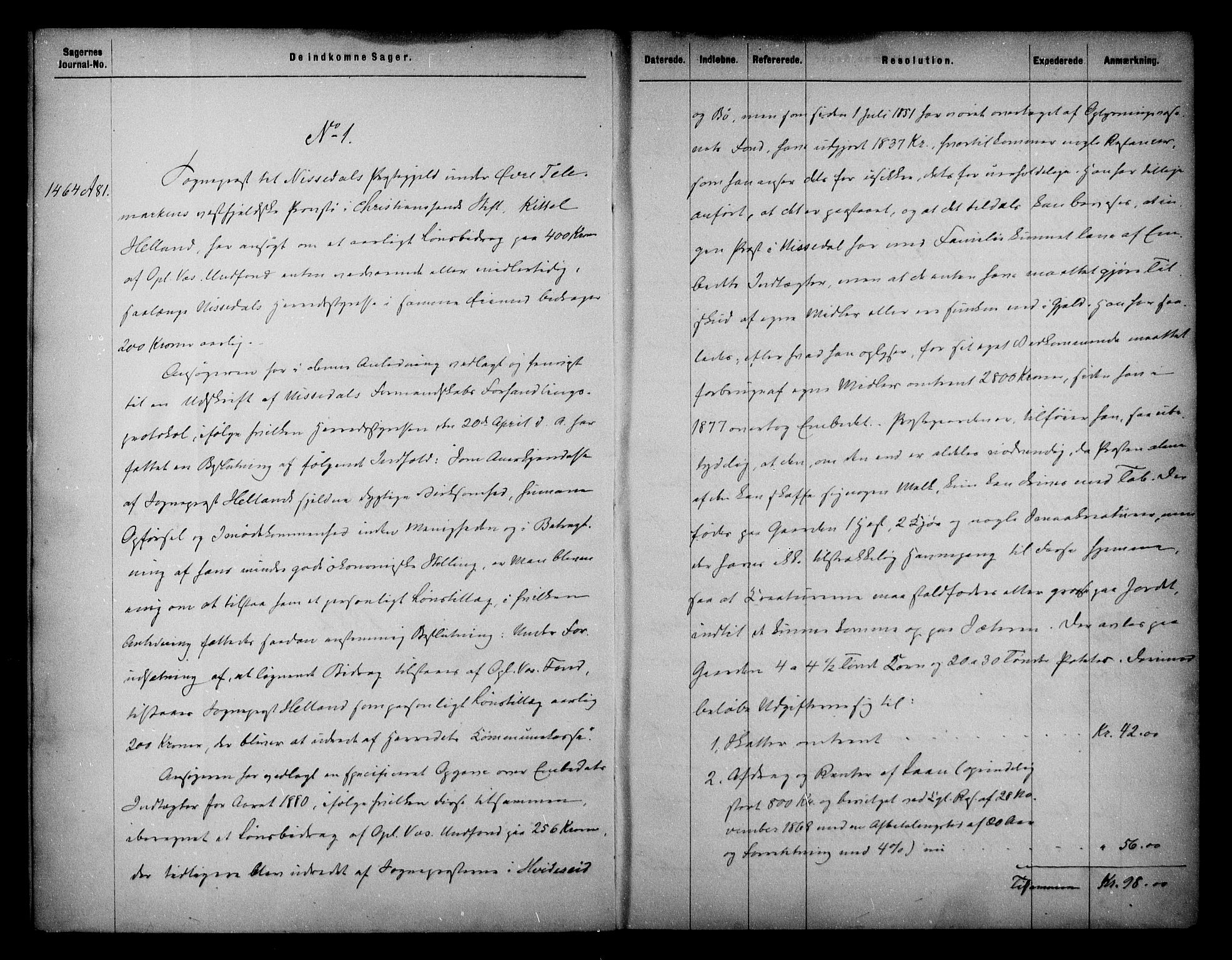 Kirke- og undervisningsdepartementet, Kontoret  for kirke og geistlighet A, AV/RA-S-1007/A/Aa/L0214: Referatprotokoll bd. 1. Ref.nr. 1-103, 1882