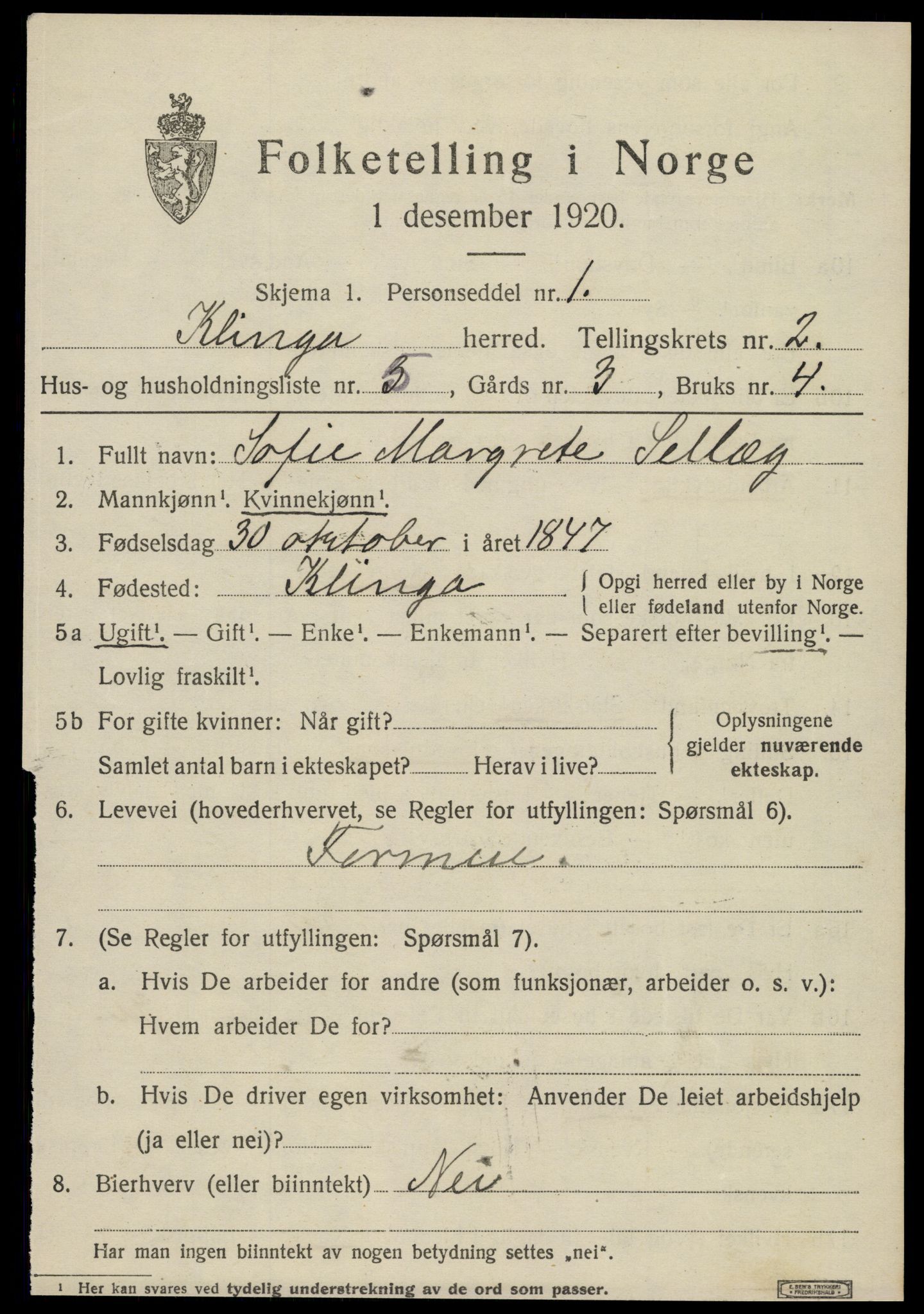 SAT, 1920 census for Klinga, 1920, p. 1437