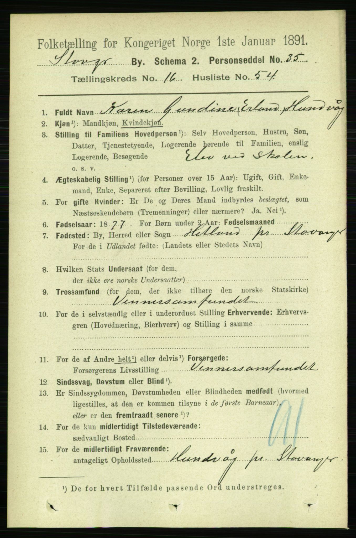 RA, 1891 census for 1103 Stavanger, 1891, p. 19384