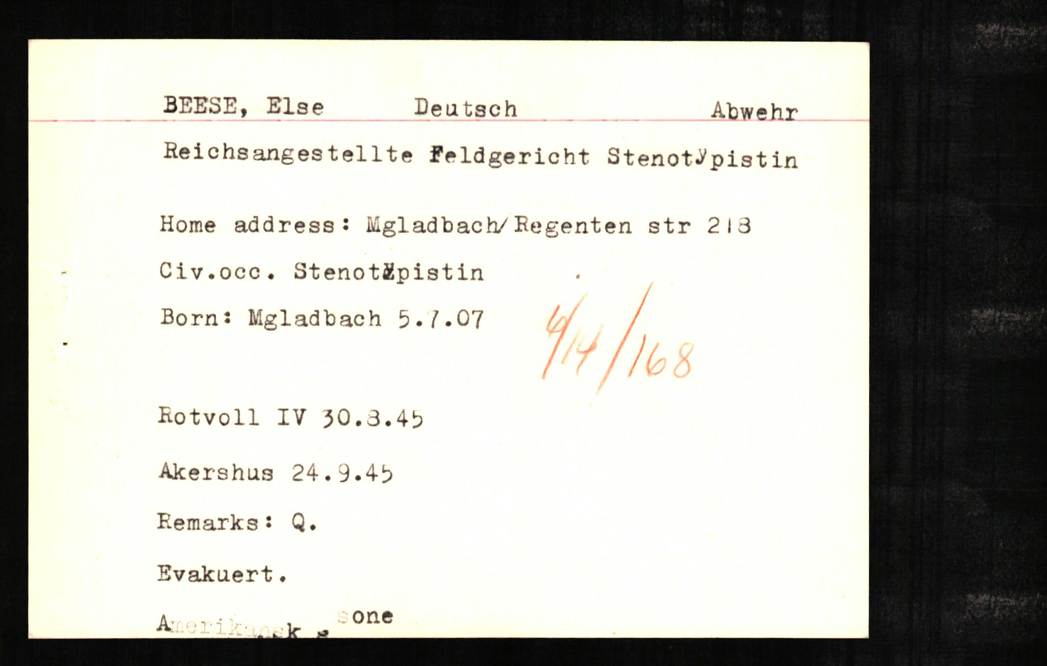 Forsvaret, Forsvarets overkommando II, AV/RA-RAFA-3915/D/Db/L0002: CI Questionaires. Tyske okkupasjonsstyrker i Norge. Tyskere., 1945-1946, p. 396