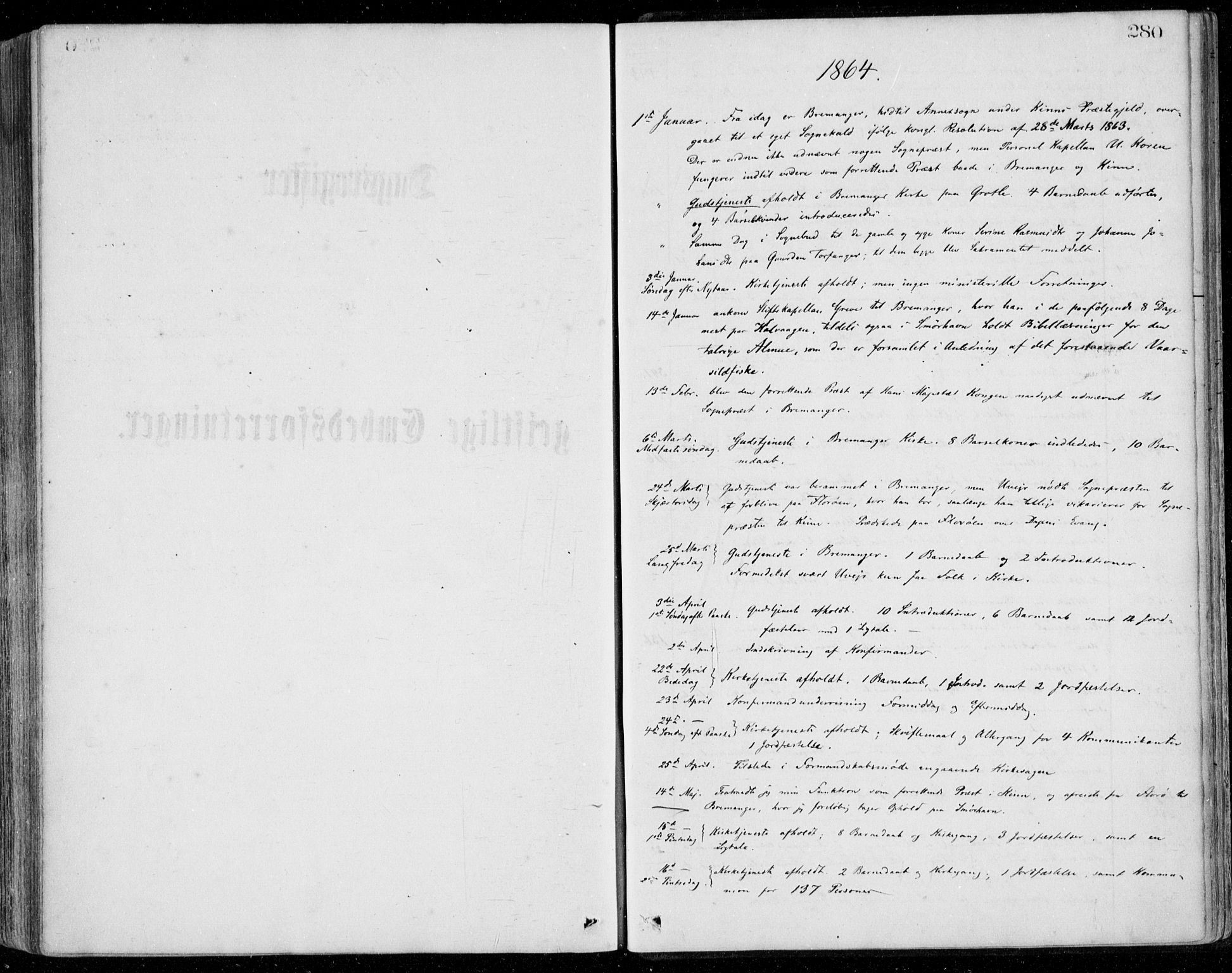 Bremanger sokneprestembete, SAB/A-82201/H/Haa/Haaa/L0001: Parish register (official) no. A  1, 1864-1883, p. 280